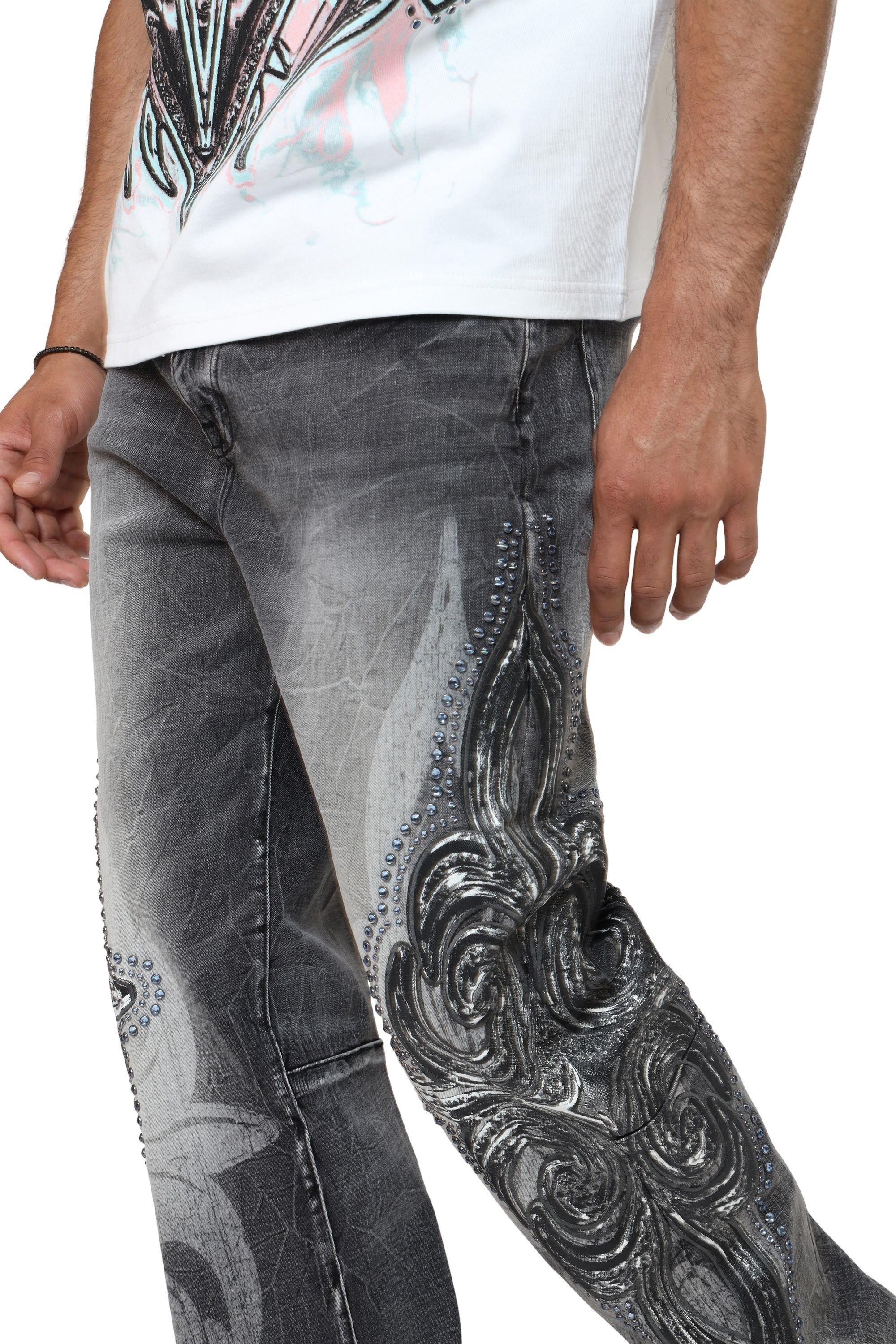 Smoke Rise Men's Retro Luminous Stud Wide Leg Denim Jeans - Eris Grey - GREY Thumbnail View 4