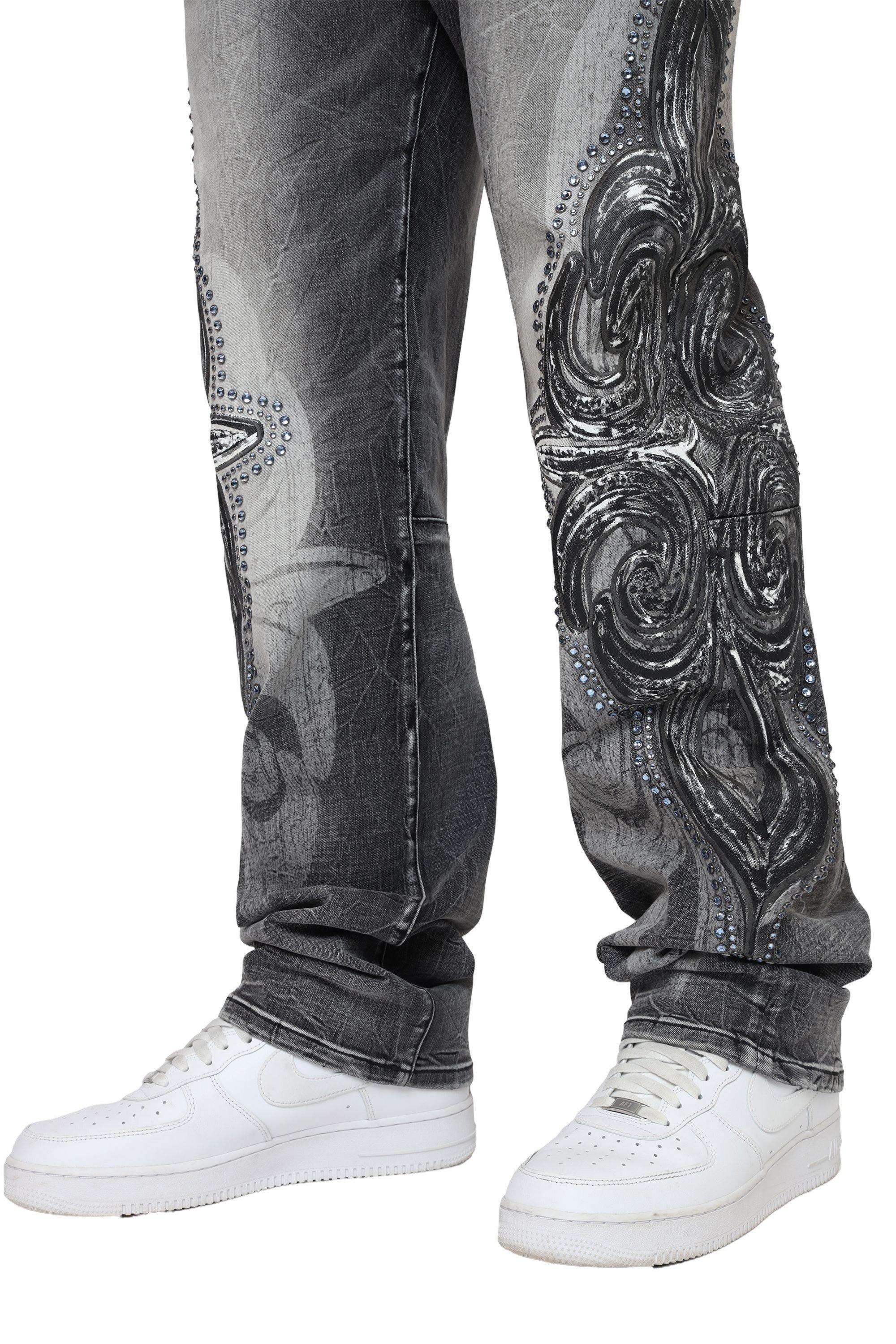 Smoke Rise Men's Retro Luminous Stud Wide Leg Denim Jeans - Eris Grey - GREY Thumbnail View 5