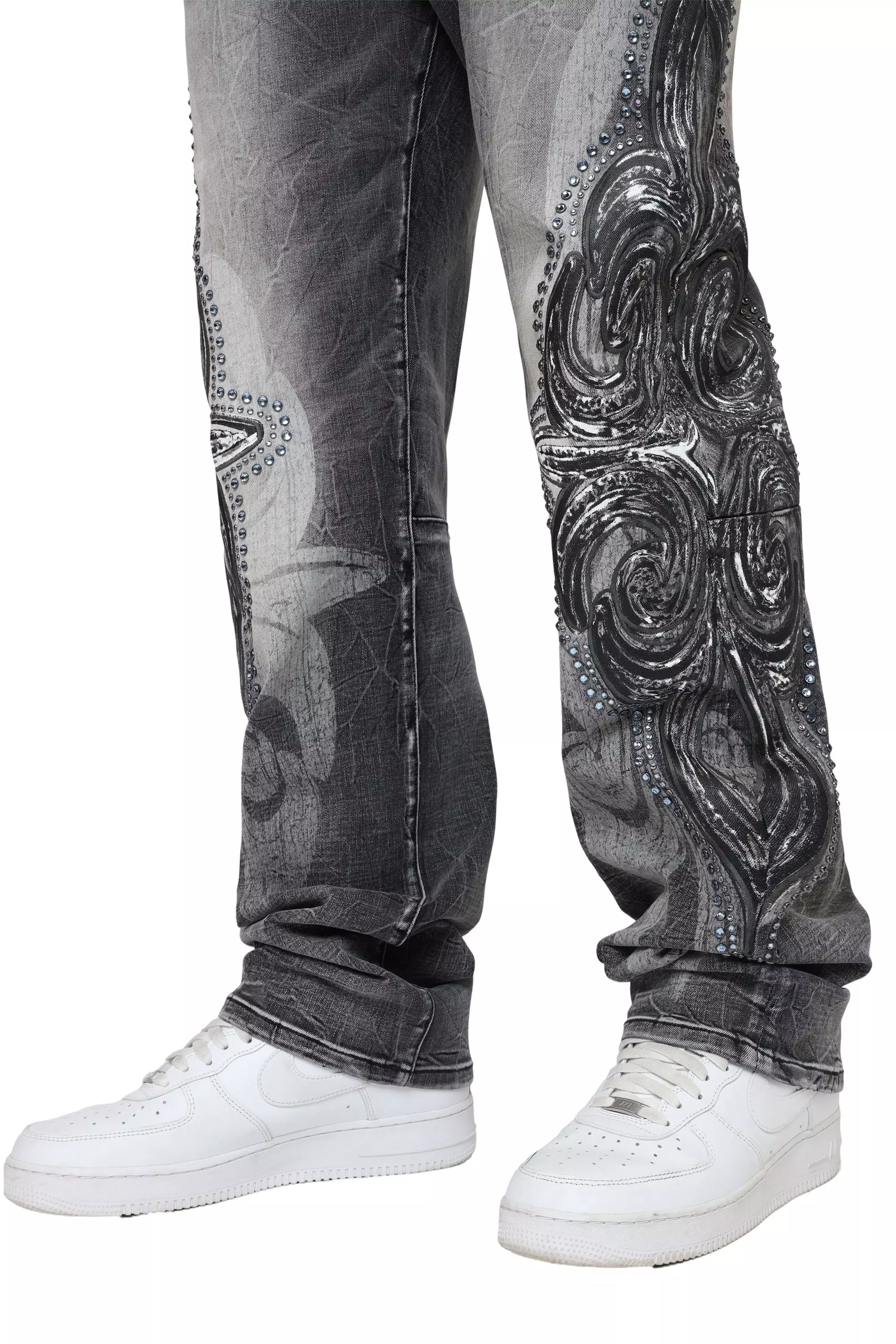 Smoke Rise Men's Retro Luminous Stud Wide Leg Denim Jeans - Eris Grey - GREY