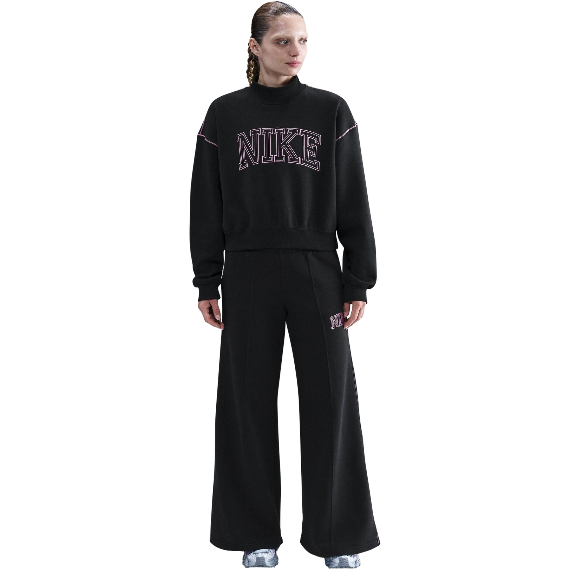 Nike Women's Sportswear Phoenix Fleece Mock Neck Crew Sweatshirt - BLACK/PINK Thumbnail View 1