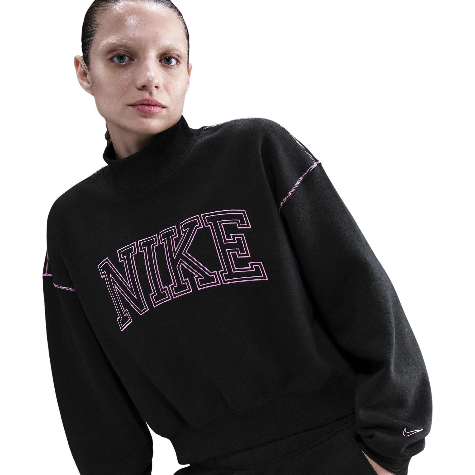 Nike Women's Sportswear Phoenix Fleece Mock Neck Crew Sweatshirt - BLACK/PINK Thumbnail View 3