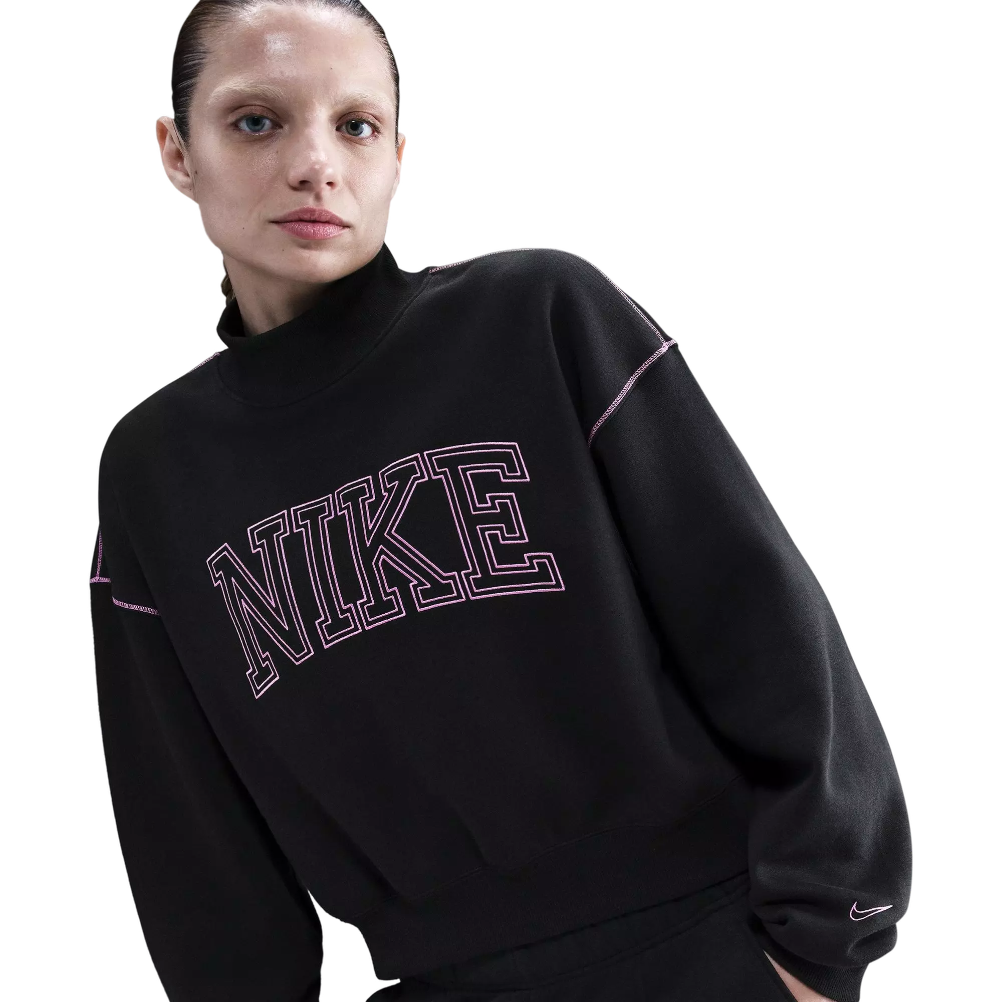 Nike Women's Sportswear Phoenix Fleece Mock Neck Crew Sweatshirt - BLACK/PINK