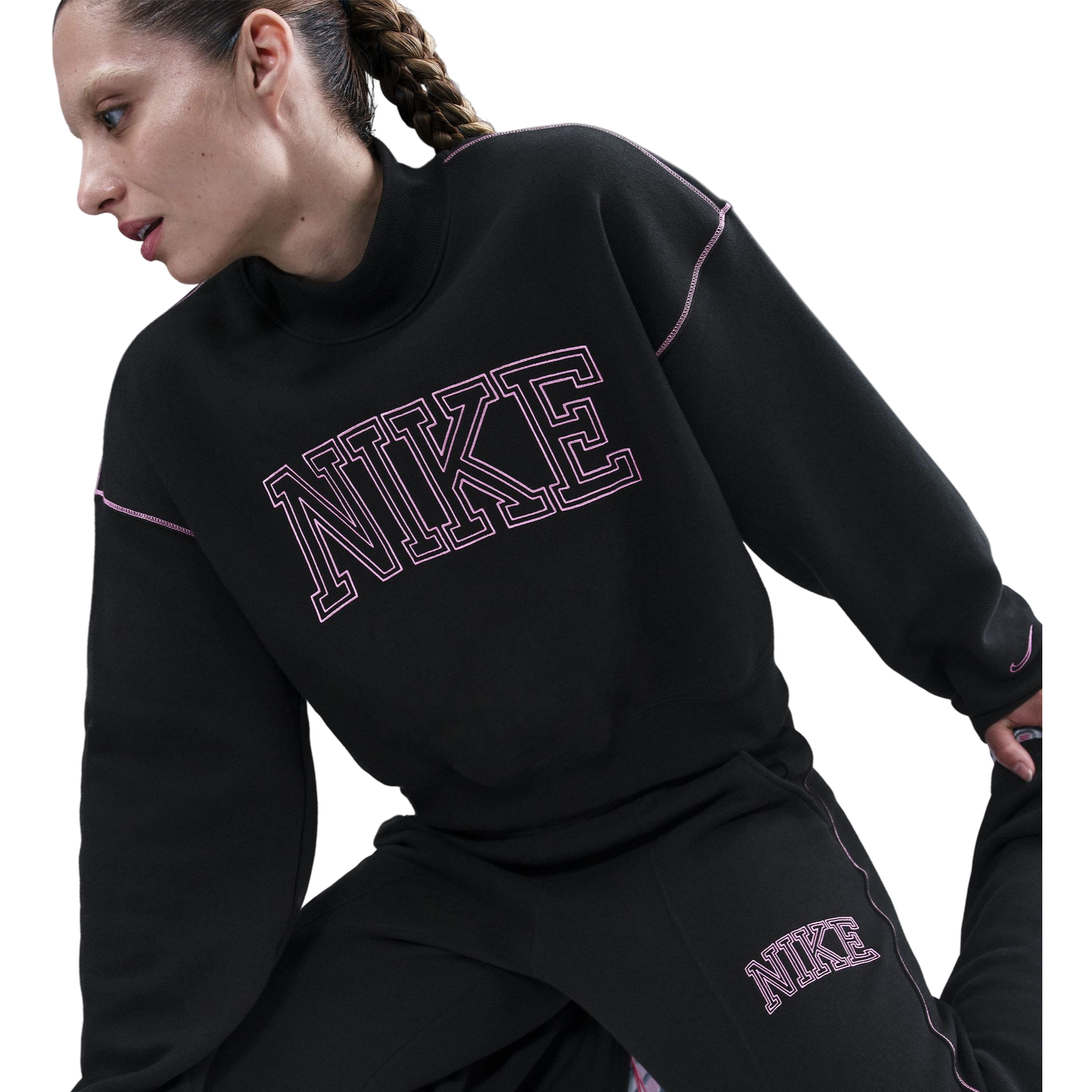 Nike Women's Sportswear Phoenix Fleece Mock Neck Crew Sweatshirt - BLACK/PINK Thumbnail View 5