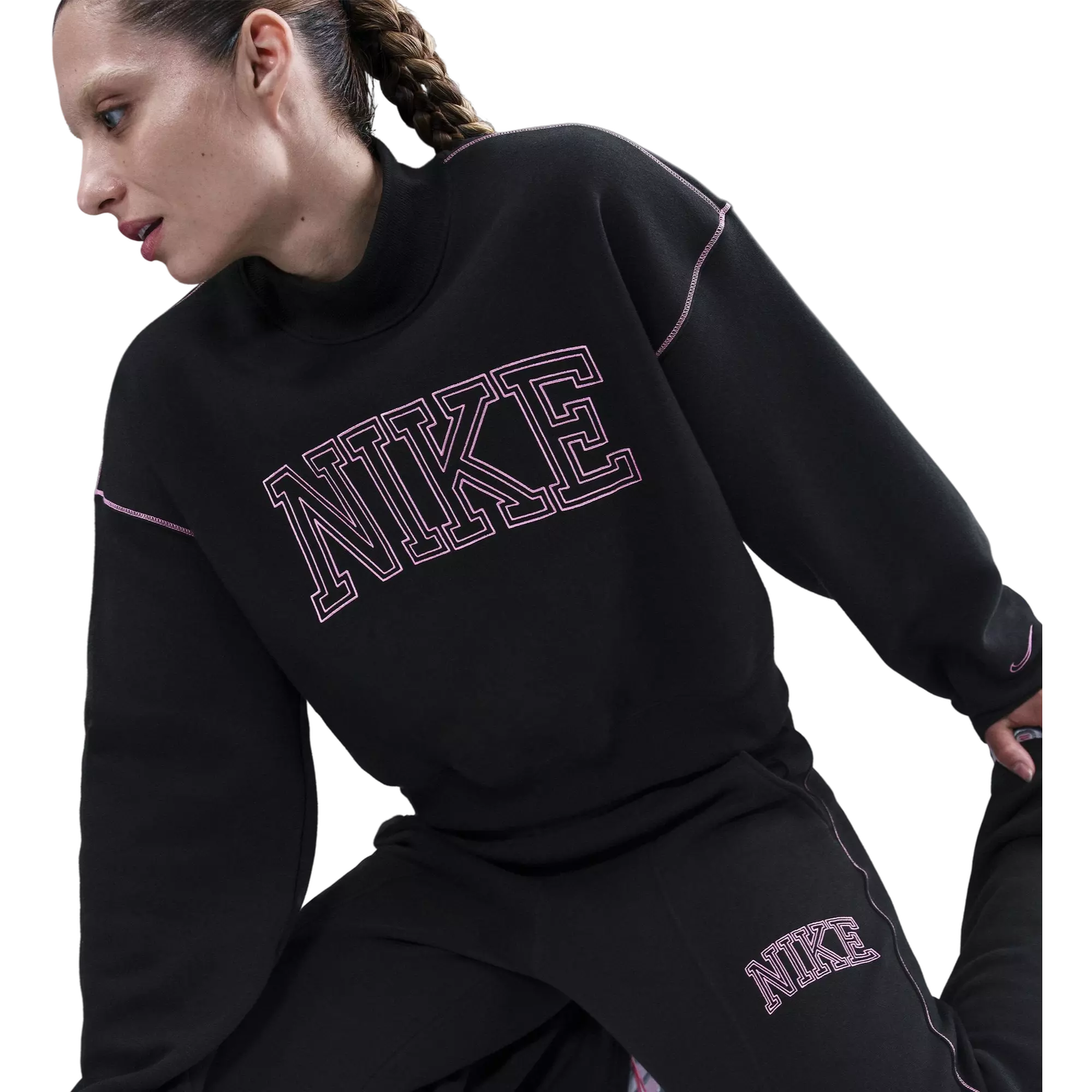Nike Women's Sportswear Phoenix Fleece Mock Neck Crew Sweatshirt - BLACK/PINK
