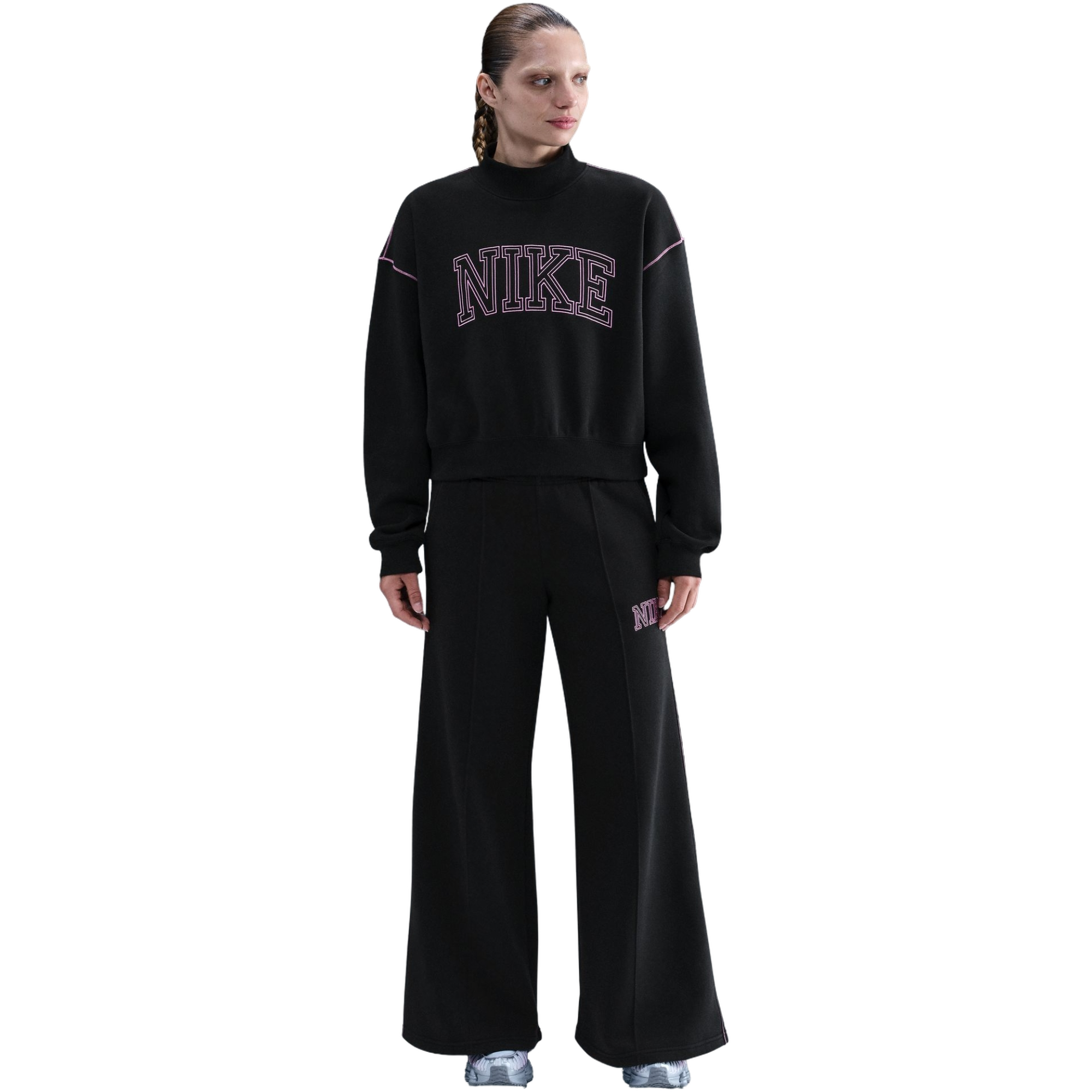 Nike Women's Sportswear Phoenix Fleece Mock Neck Crew Sweatshirt - BLACK/PINK Thumbnail View 7