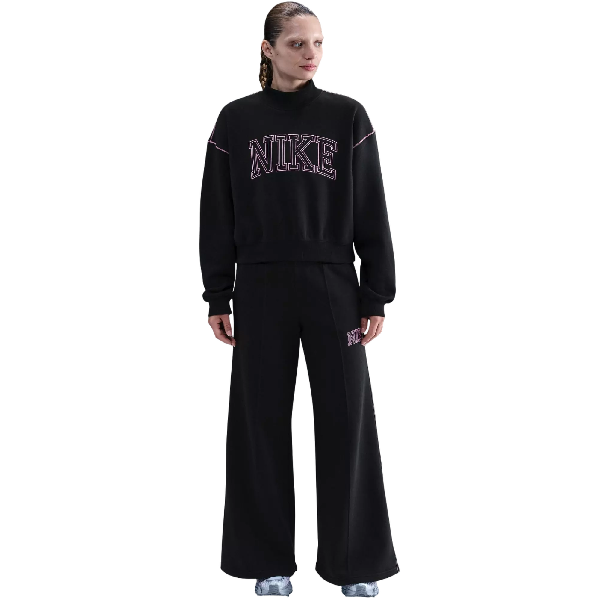 Nike Women's Sportswear Phoenix Fleece Mock Neck Crew Sweatshirt - BLACK/PINK