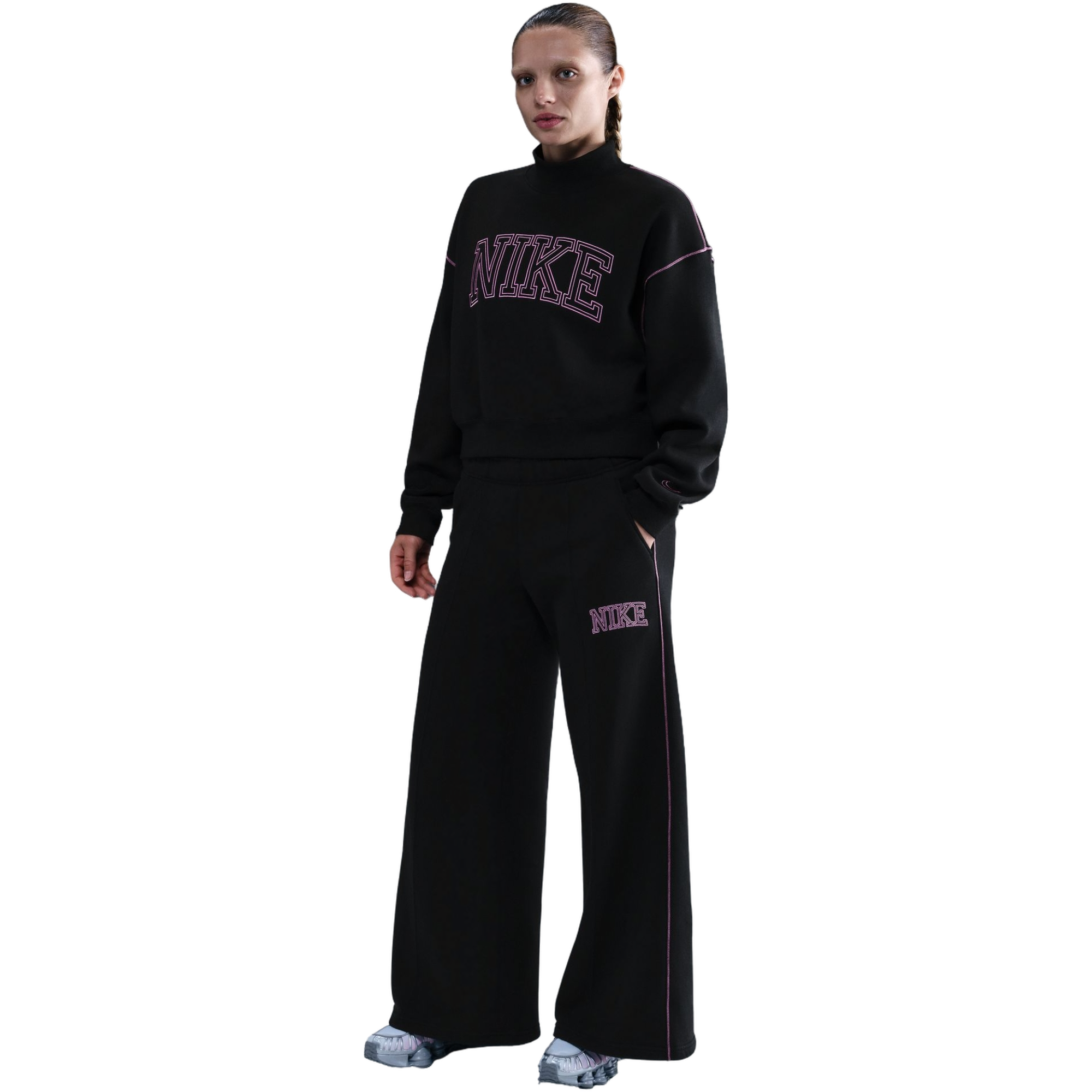 Nike Women's Phoenix Fleece Wide Leg Bottom - Black/Pink - BLACK/PINK Thumbnail View 1