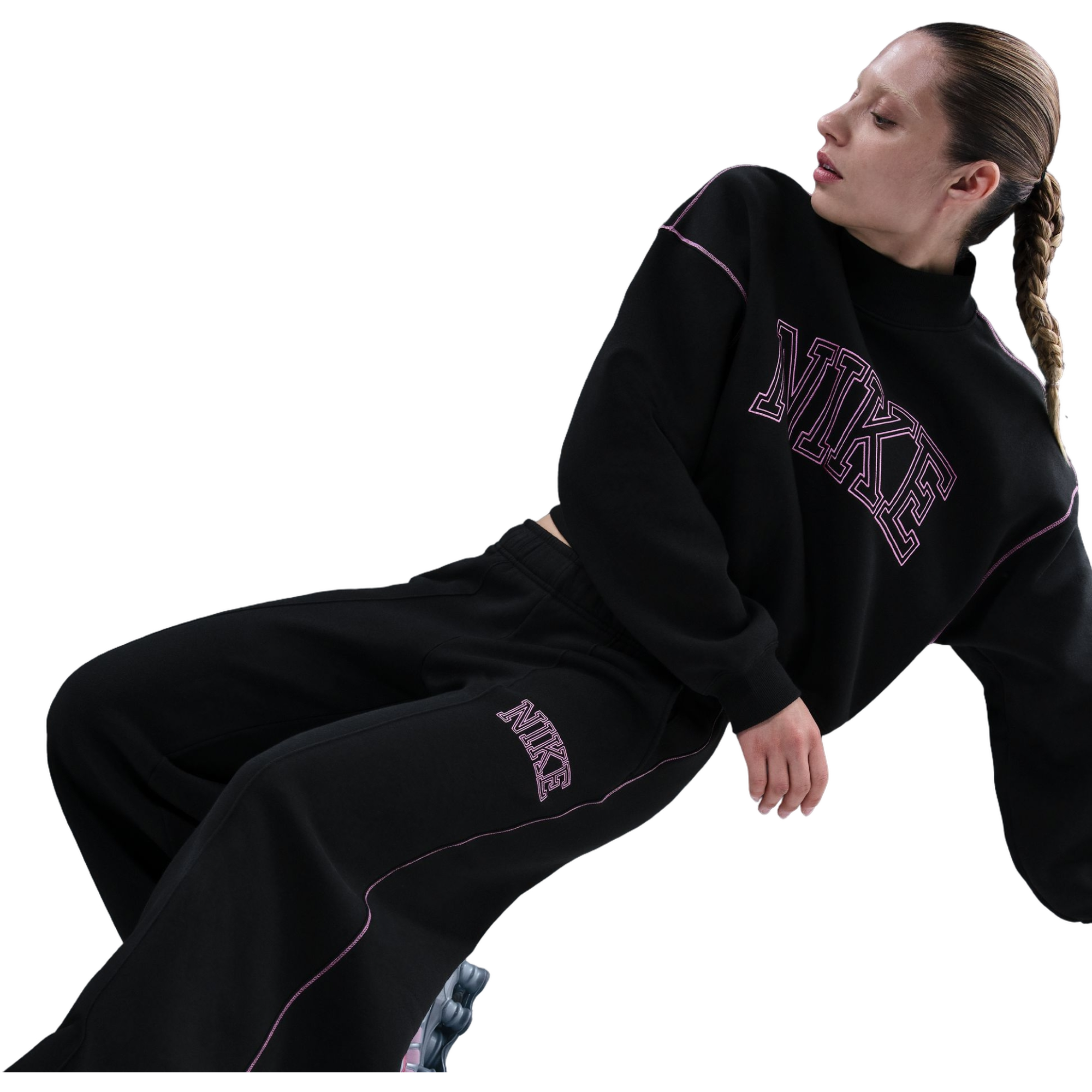 Nike Women's Phoenix Fleece Wide Leg Bottom - Black/Pink - BLACK/PINK Thumbnail View 5