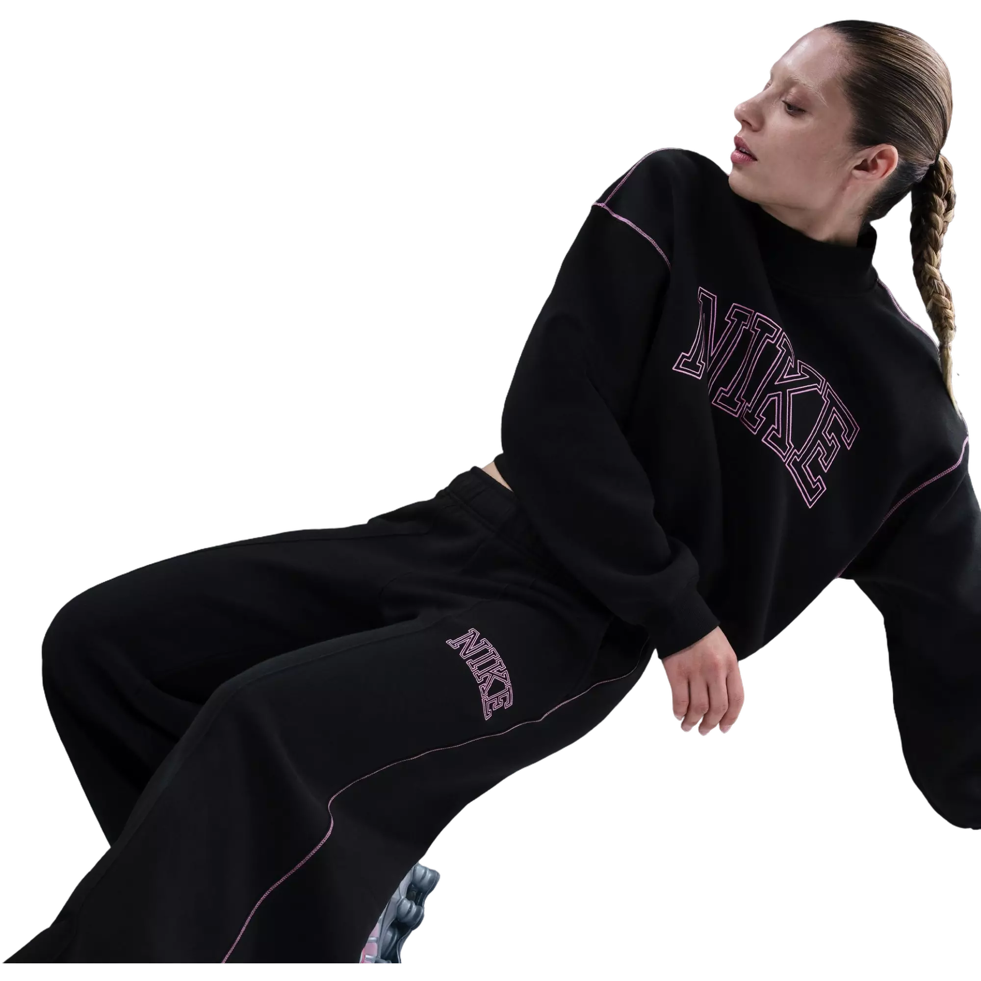 Nike Women's Phoenix Fleece Wide Leg Bottom - Black/Pink - BLACK/PINK