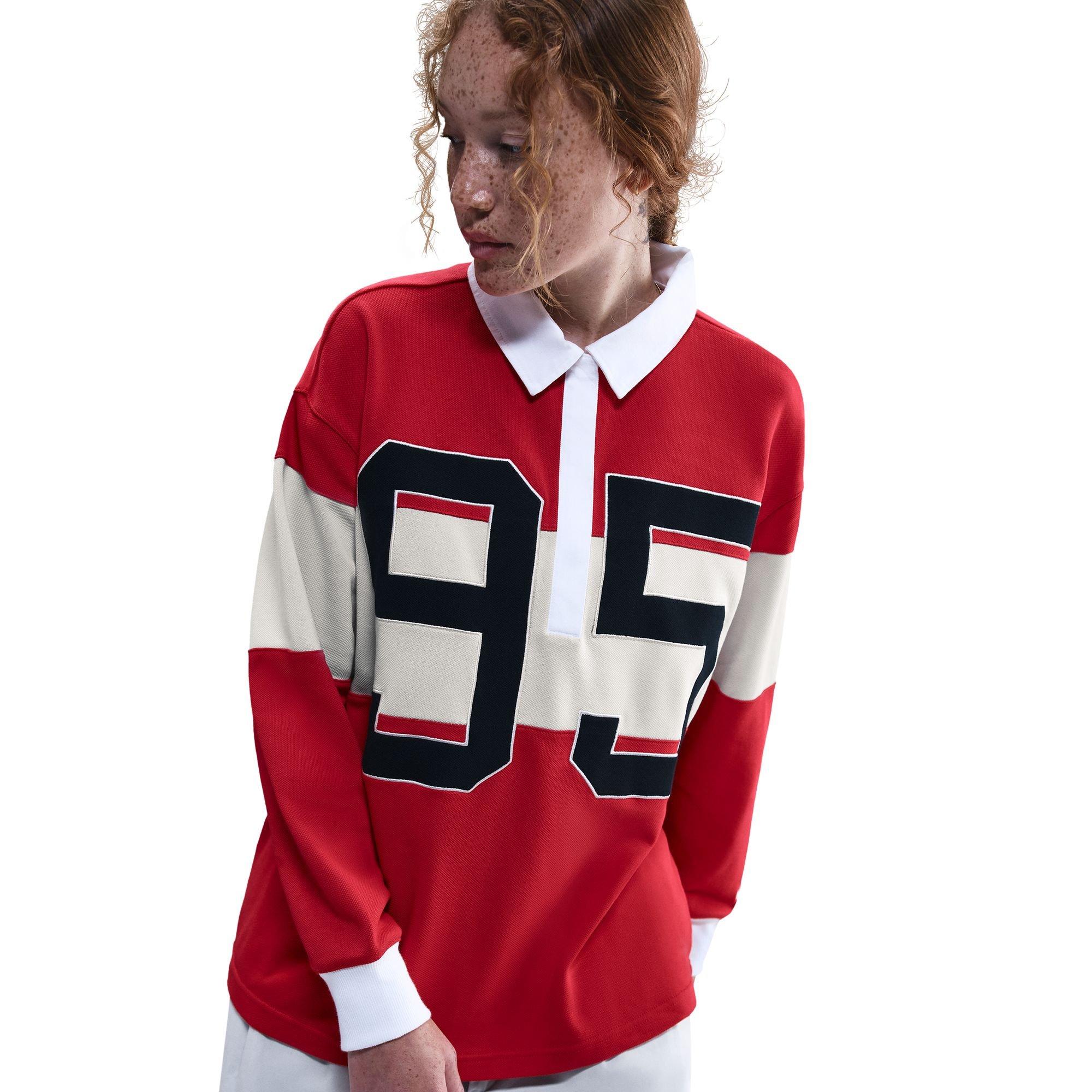 Nike Women's Sportswear Street Long-Sleeve Rugby Polo - RED Thumbnail View 3