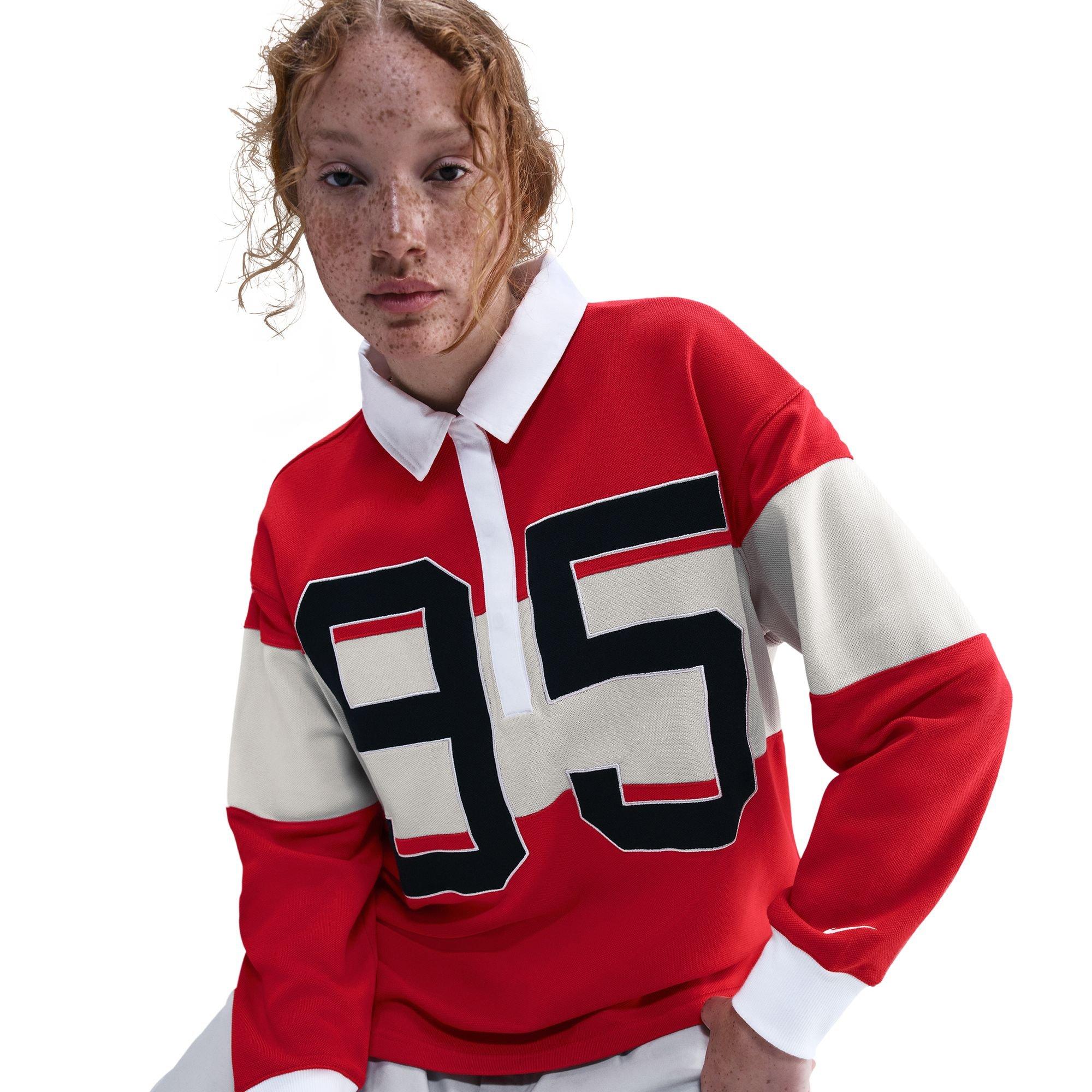 Nike Women's Sportswear Street Long-Sleeve Rugby Polo - RED Thumbnail View 5