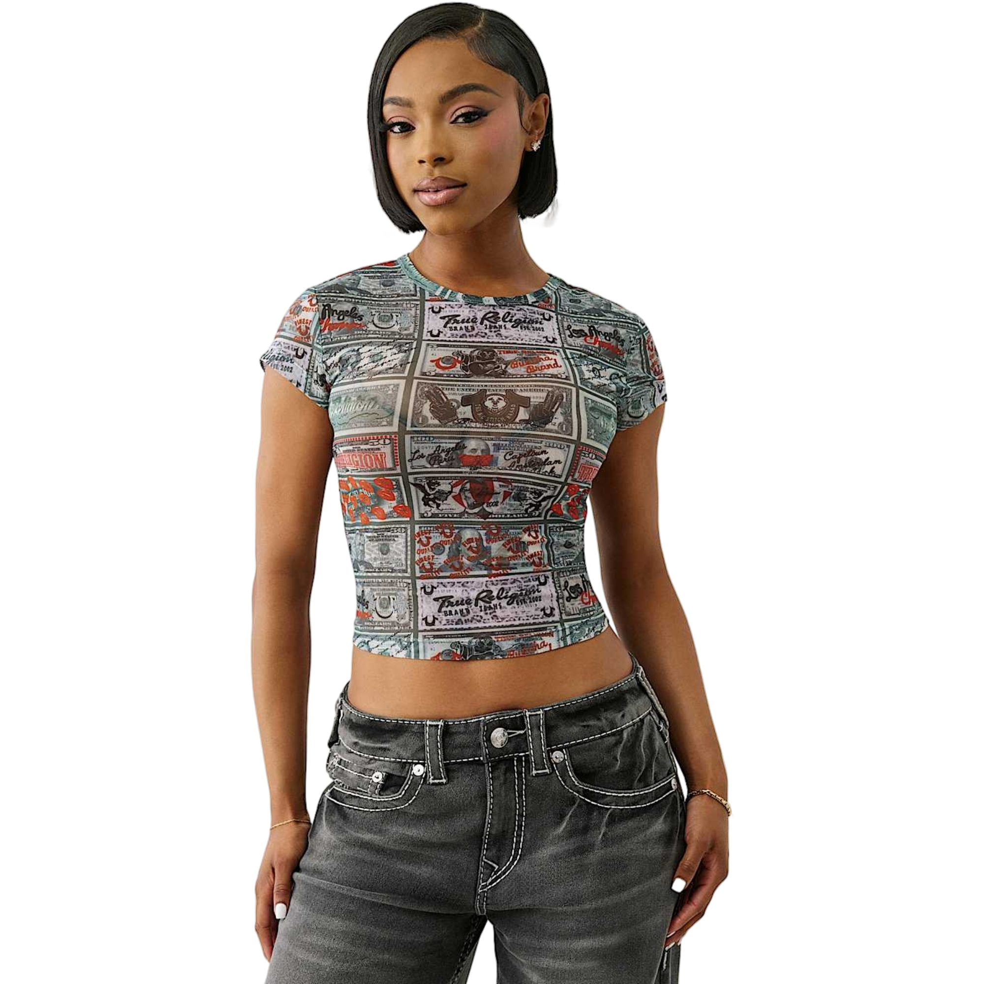True Religion Women's Money Mesh Baby Tee - MULTI-COLOR Thumbnail View 1