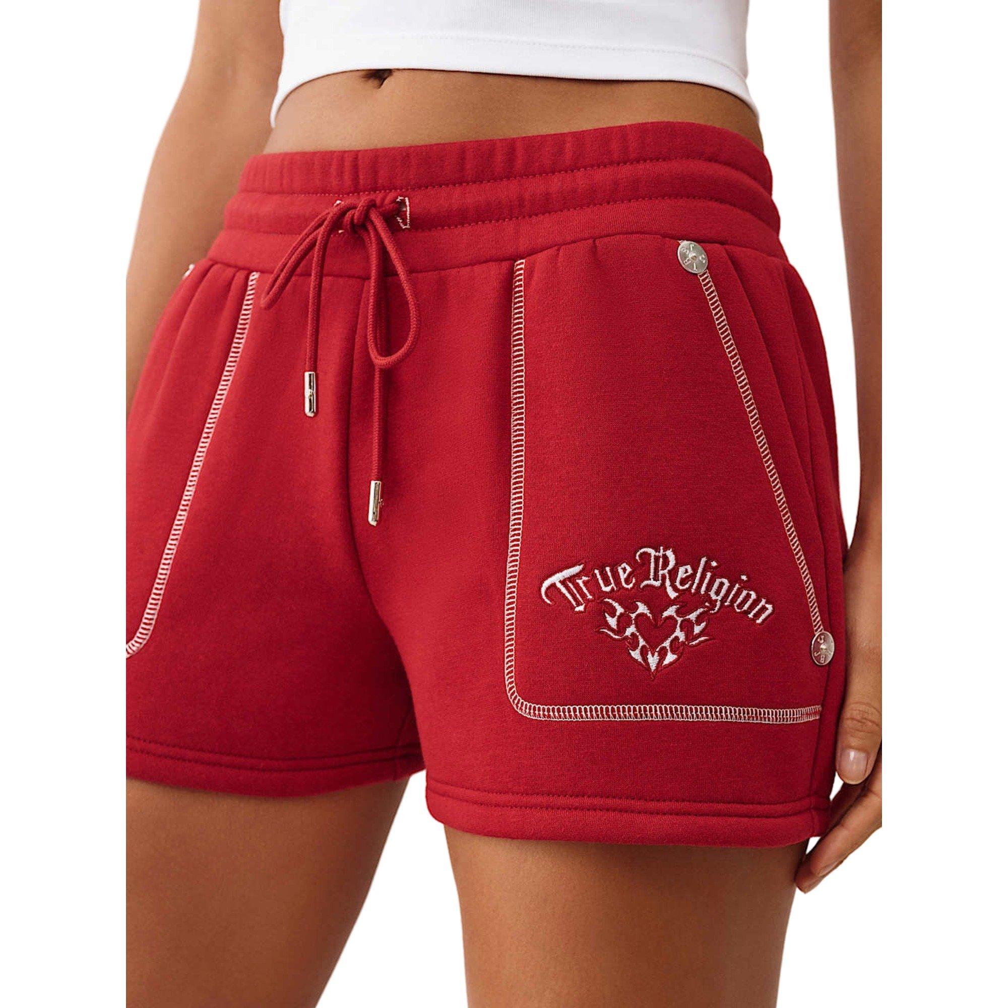 True Religion Women's Embroidered Relaxed Shorts - RED Thumbnail View 4