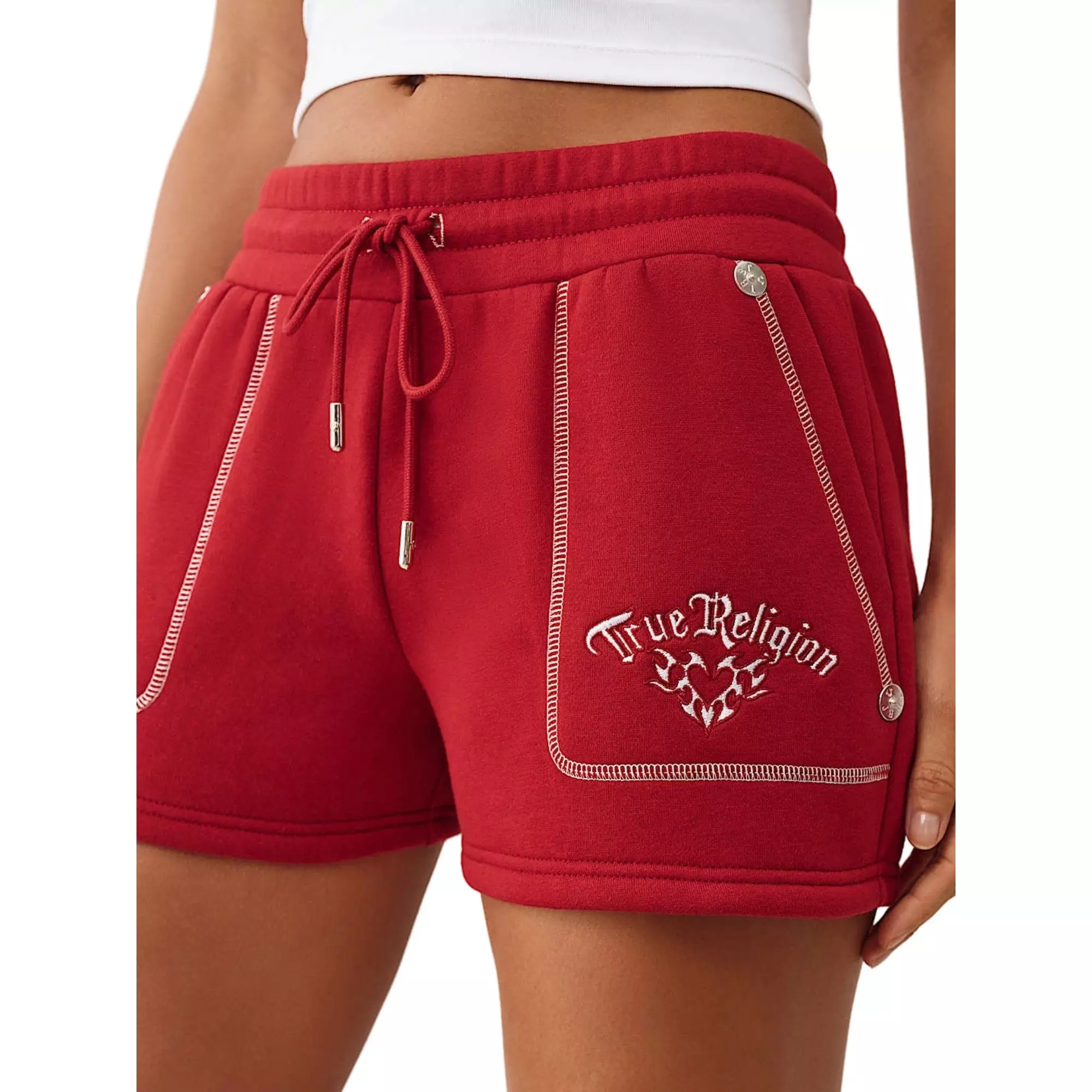 True Religion Women's Embroidered Relaxed Shorts - RED