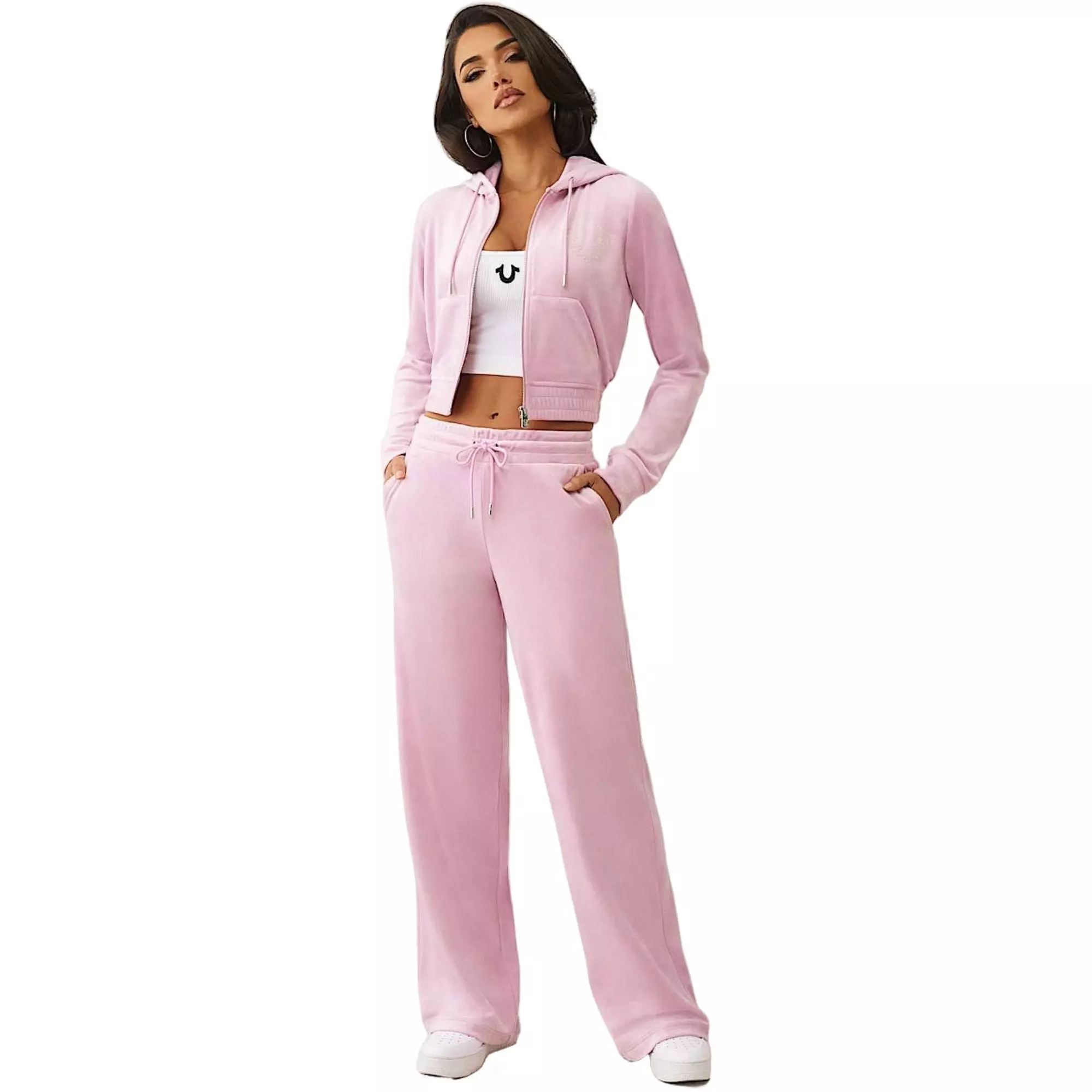 True Religion Women's Crystal Horseshoe Velour Pants - PINK