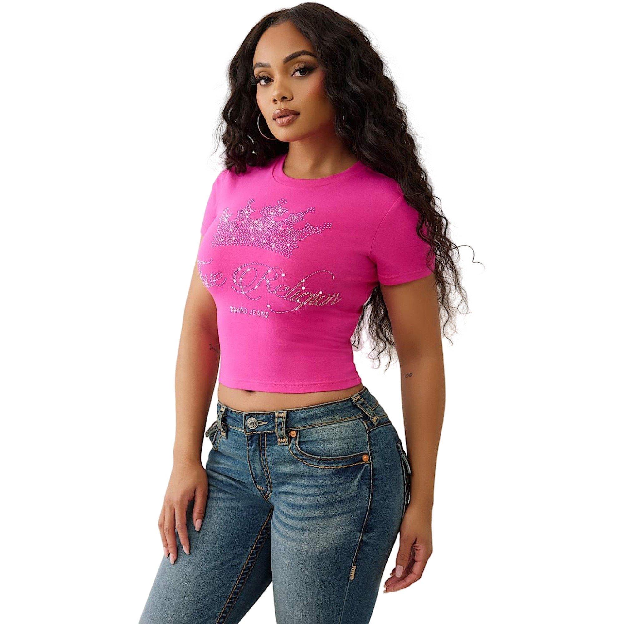 True Religion Women's Crystal Crown Logo Baby Tee - PINK Thumbnail View 3