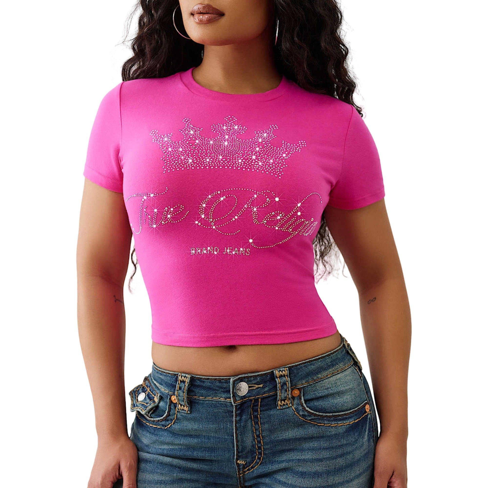True Religion Women's Crystal Crown Logo Baby Tee - PINK Thumbnail View 4