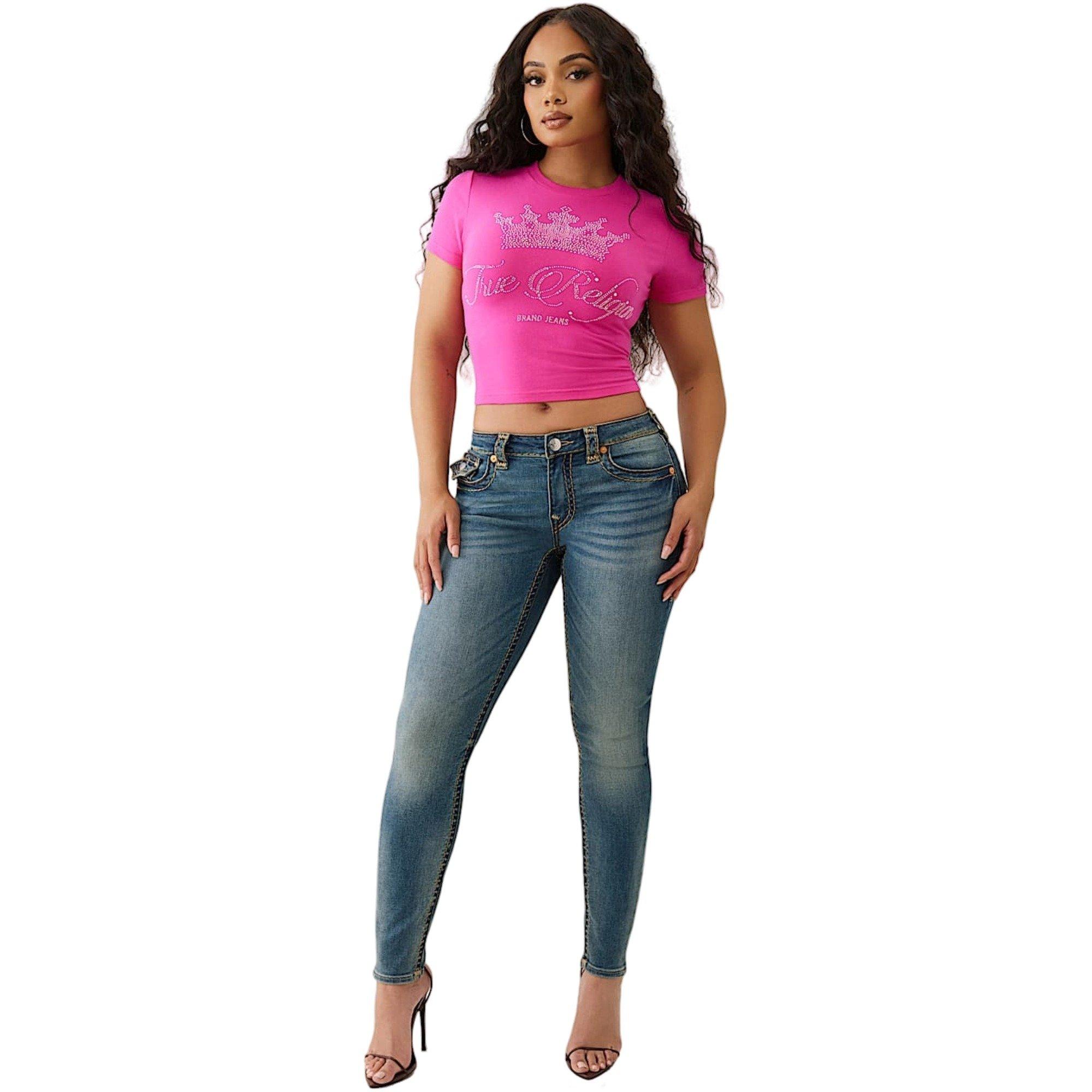 True Religion Women's Crystal Crown Logo Baby Tee - PINK Thumbnail View 5