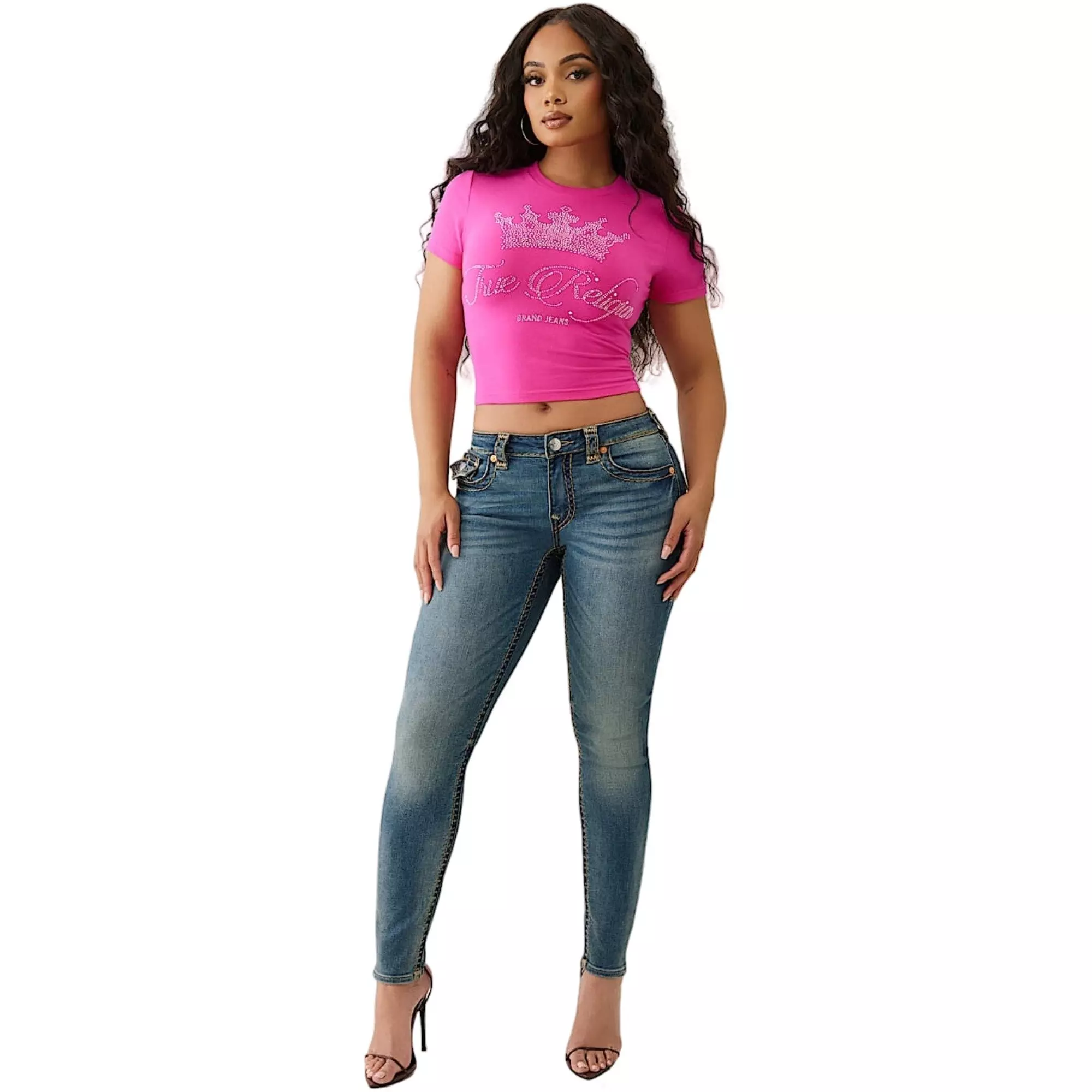 True Religion Women's Crystal Crown Logo Baby Tee - PINK