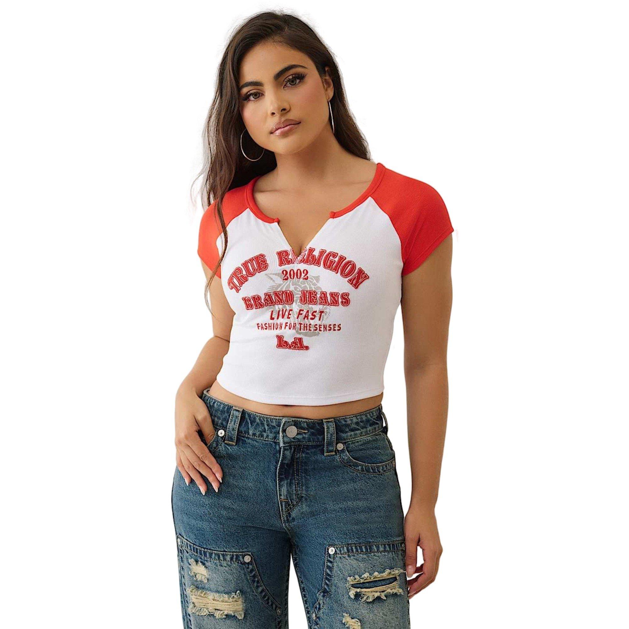 True Religion Women's Embroidered V Notched Ribbed Raglan Tee - WHITE/RED Thumbnail View 1