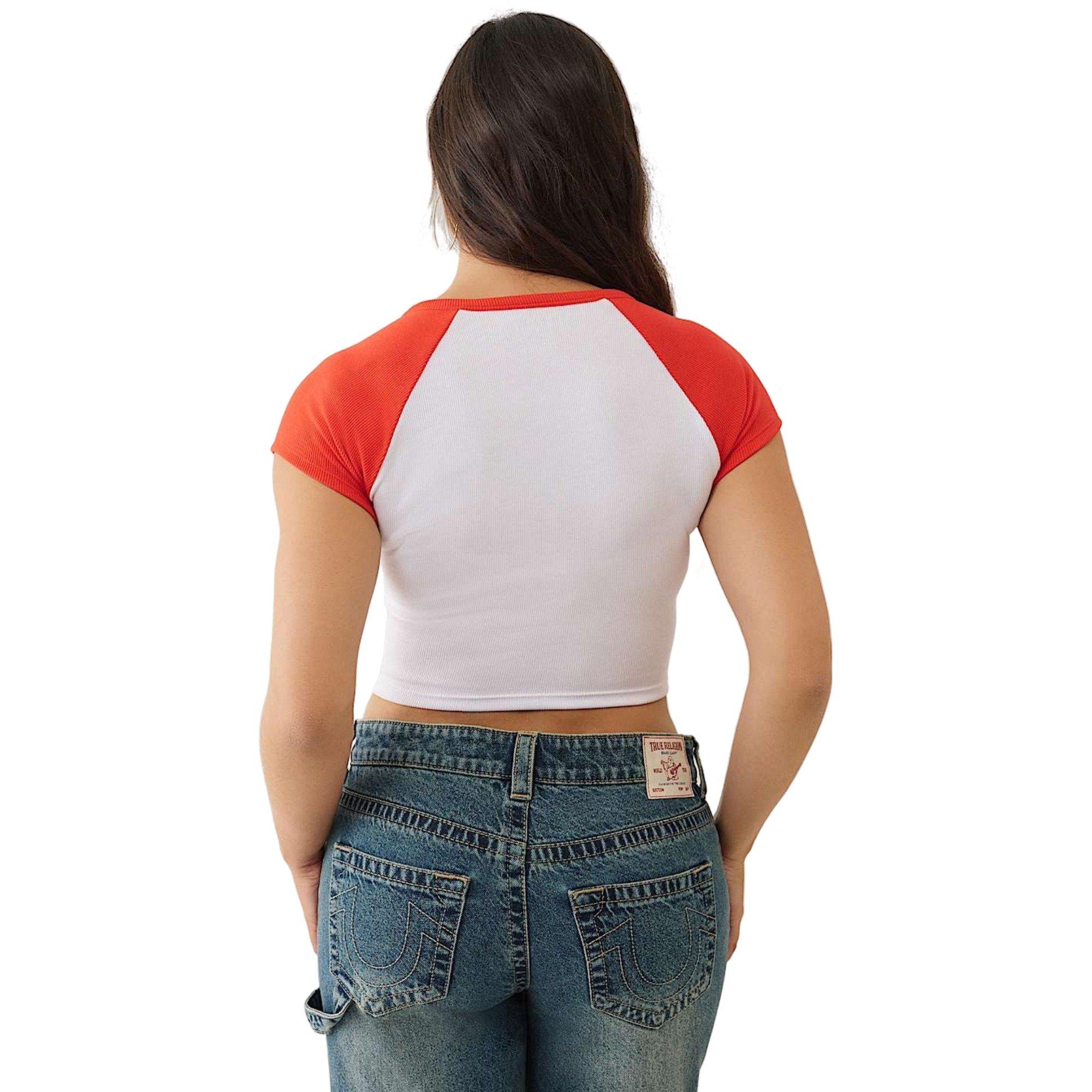 True Religion Women's Embroidered V Notched Ribbed Raglan Tee - WHITE/RED Thumbnail View 2