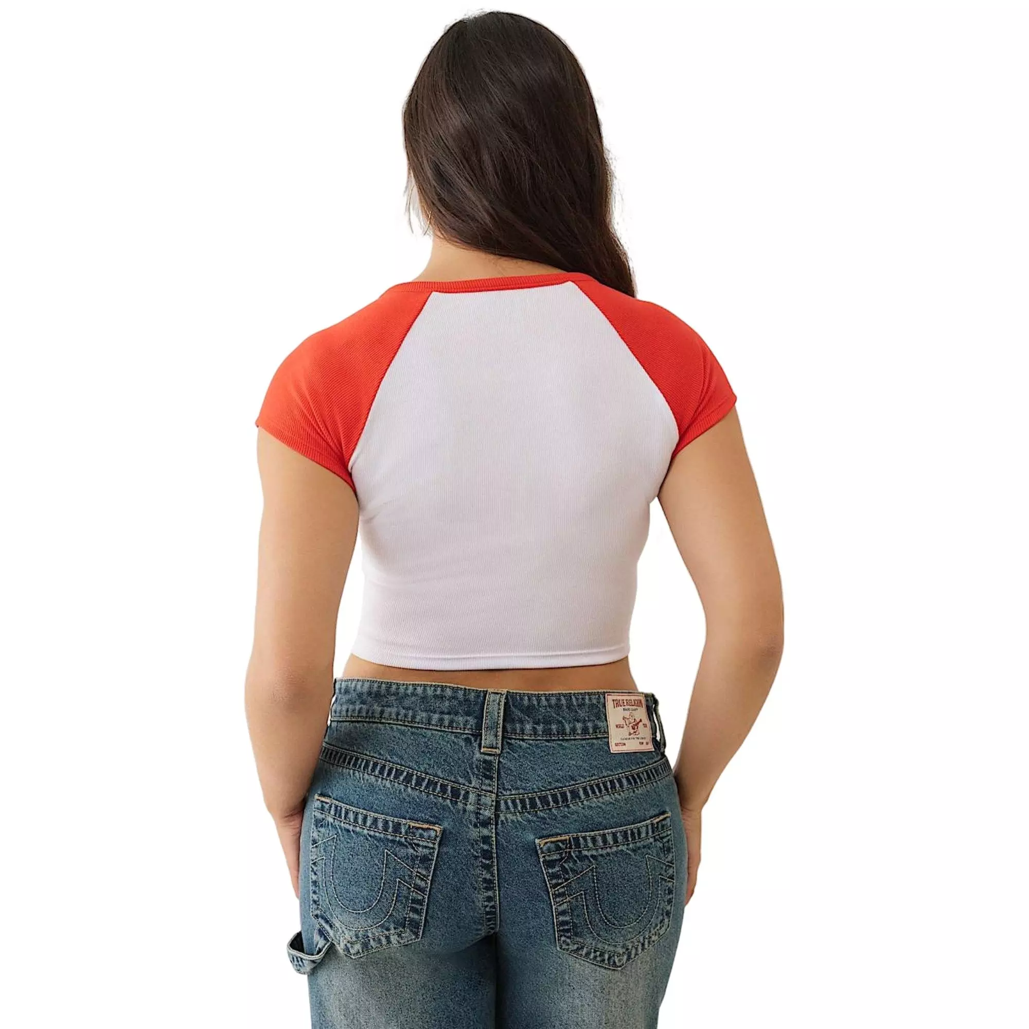 True Religion Women's Embroidered V Notched Ribbed Raglan Tee - WHITE/RED