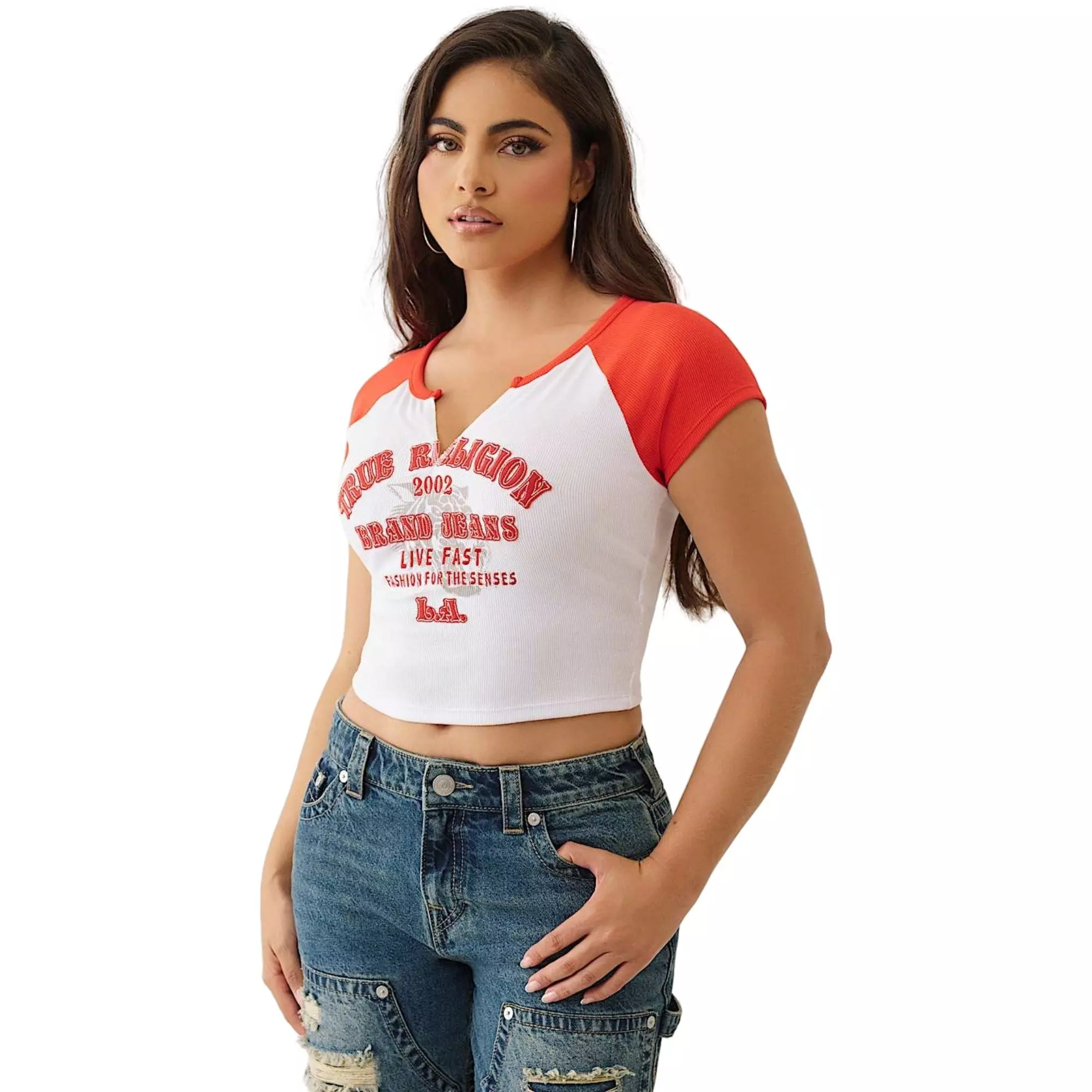 True Religion Women's Embroidered V Notched Ribbed Raglan Tee - WHITE/RED