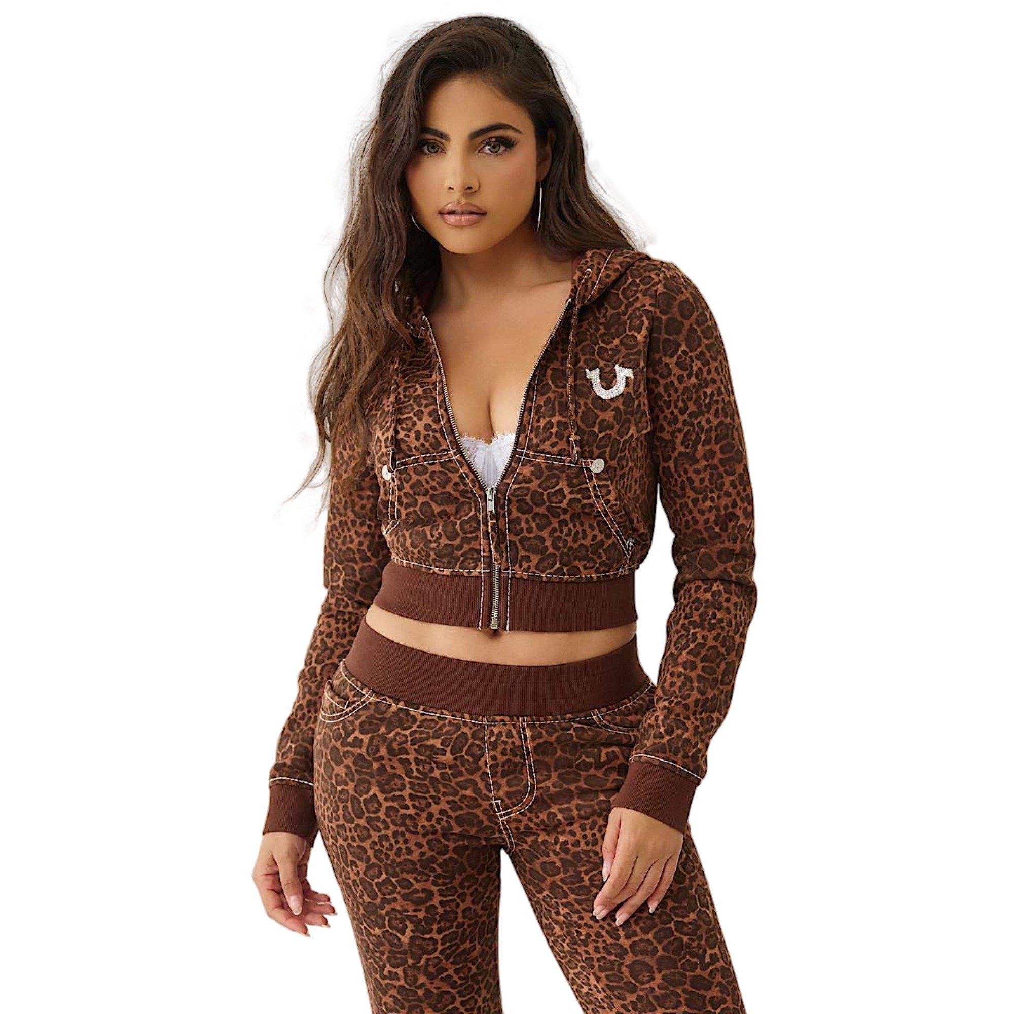 True Religion Women's "Leopard Print" Crystal Big T Full-Zip Fleece Jacket - BROWN Thumbnail View 1