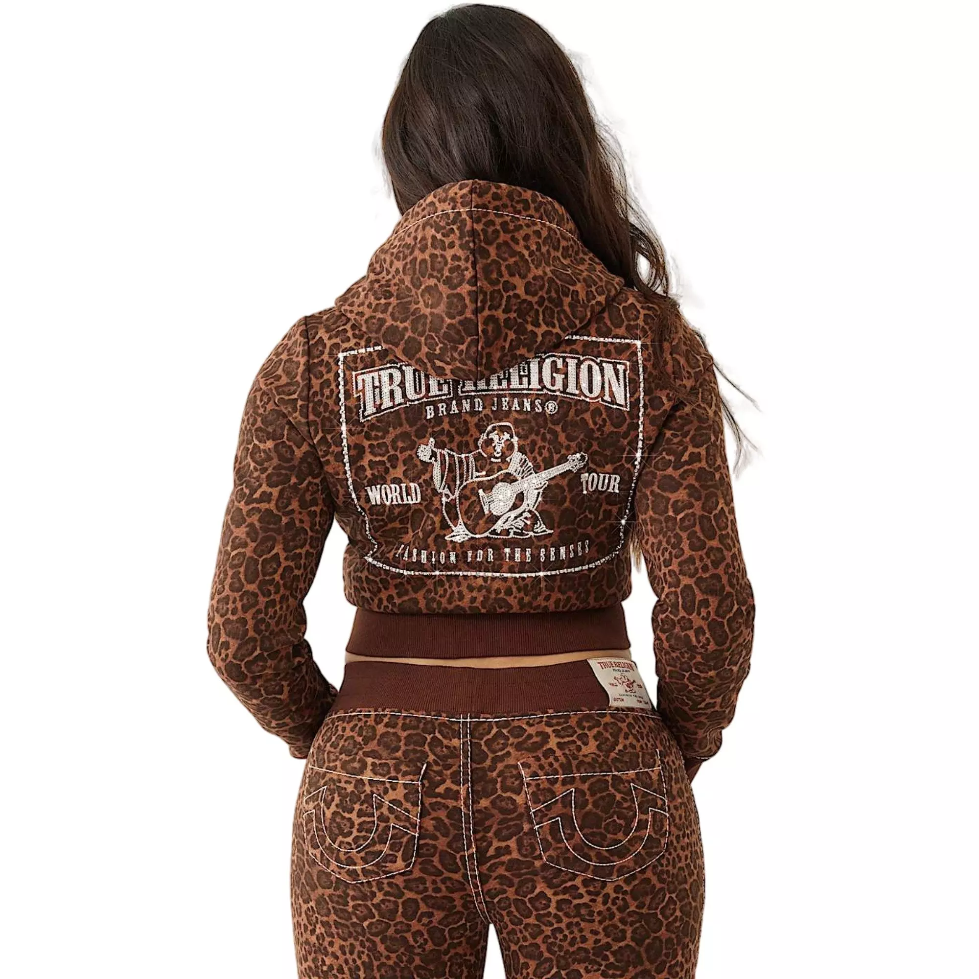 True Religion Women's "Leopard Print" Crystal Big T Full-Zip Fleece Jacket - BROWN