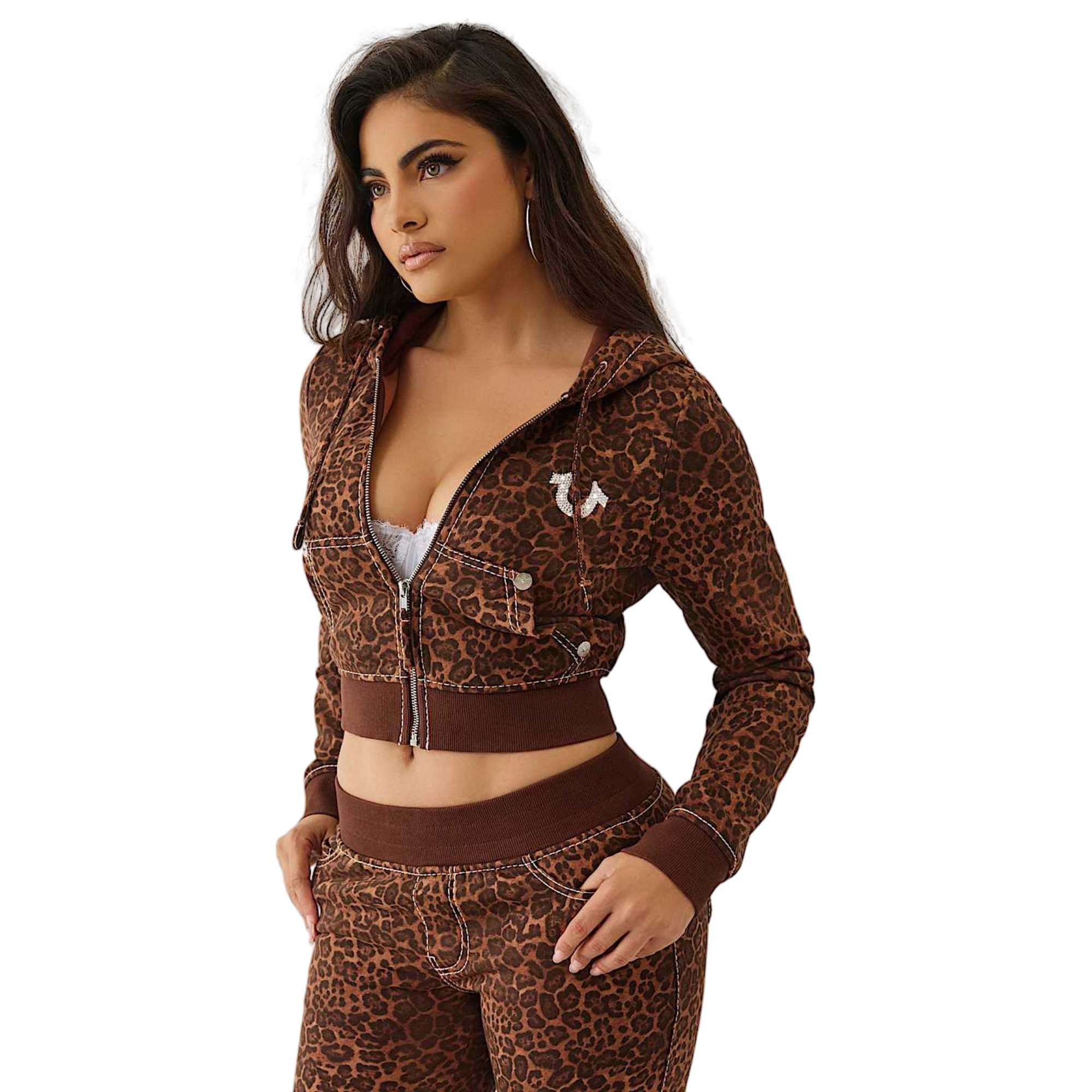 True Religion Women's "Leopard Print" Crystal Big T Full-Zip Fleece Jacket - BROWN Thumbnail View 3