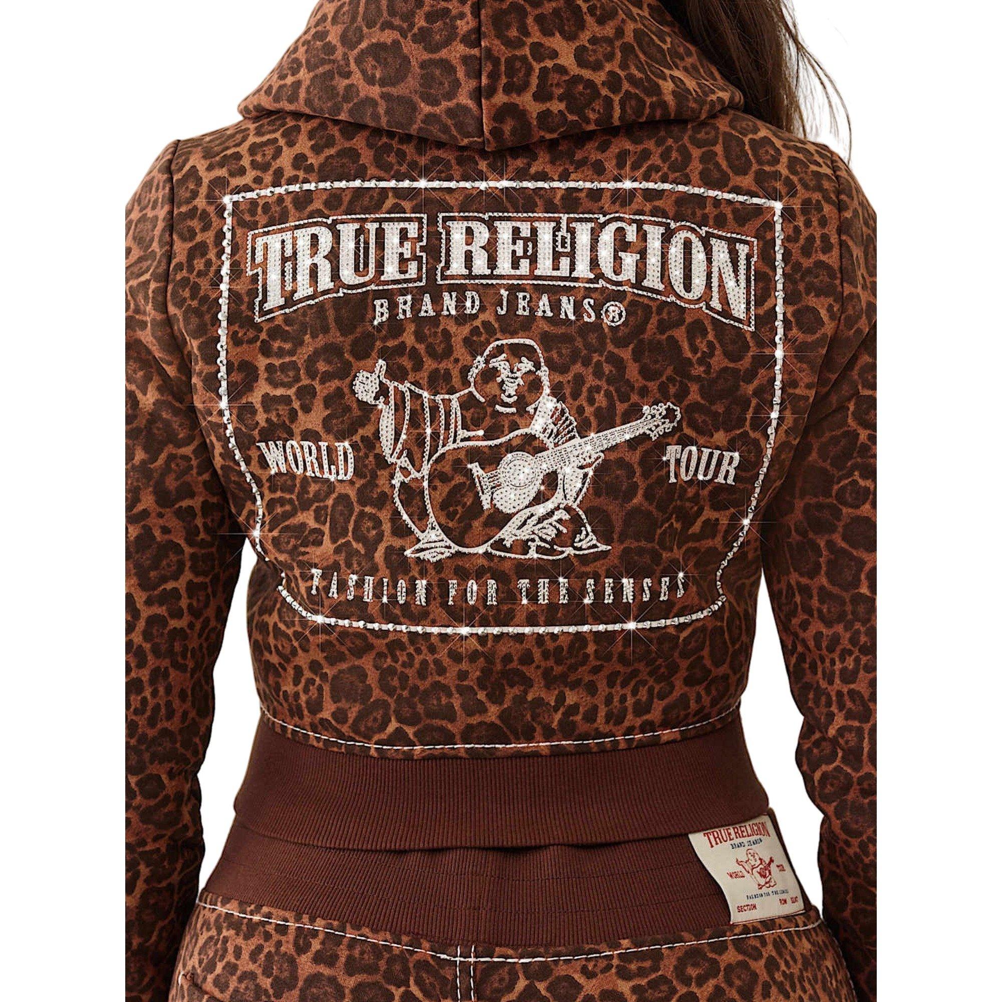 True Religion Women's "Leopard Print" Crystal Big T Full-Zip Fleece Jacket - BROWN Thumbnail View 5
