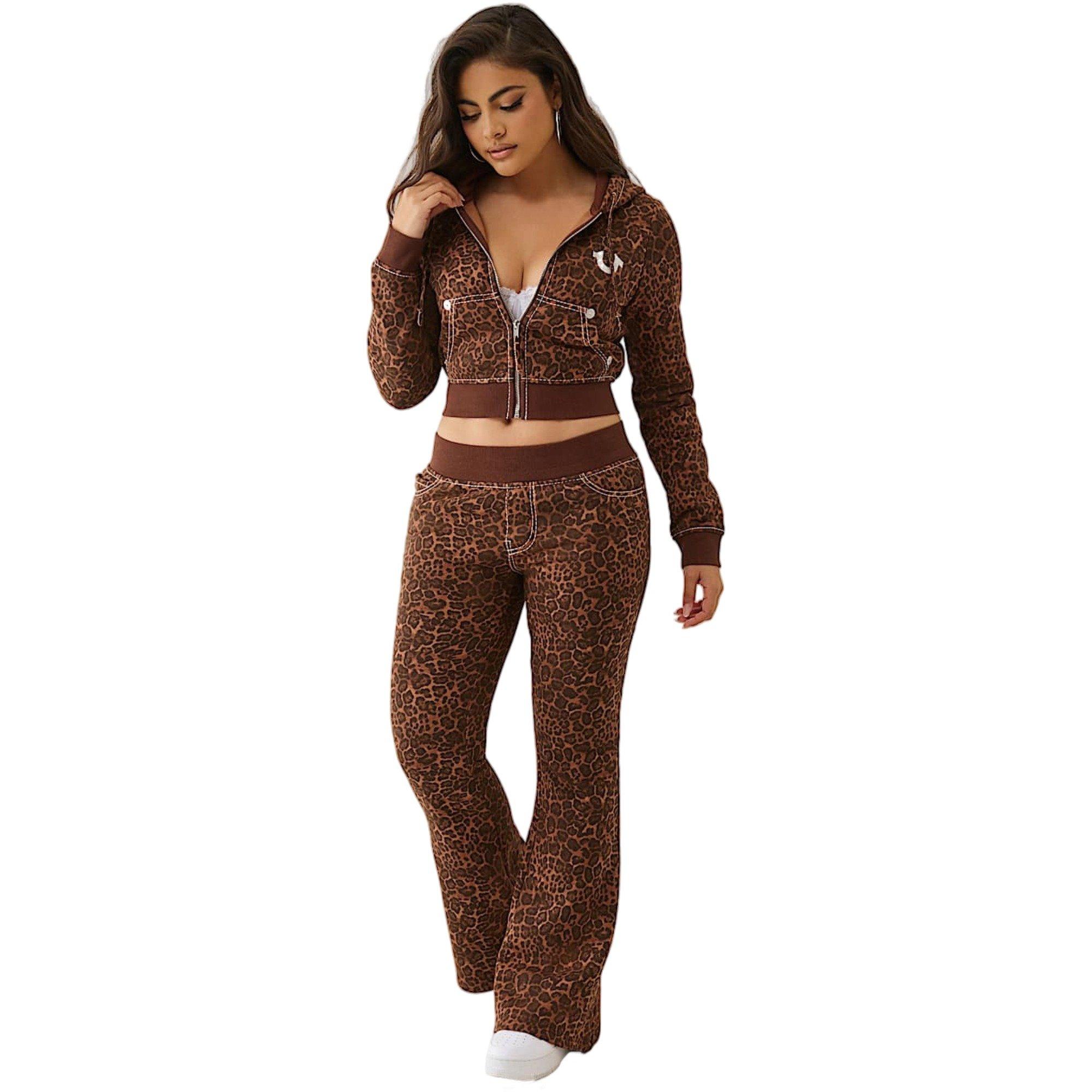 True Religion Women's "Leopard Print" Crystal Big T Full-Zip Fleece Jacket - BROWN Thumbnail View 6