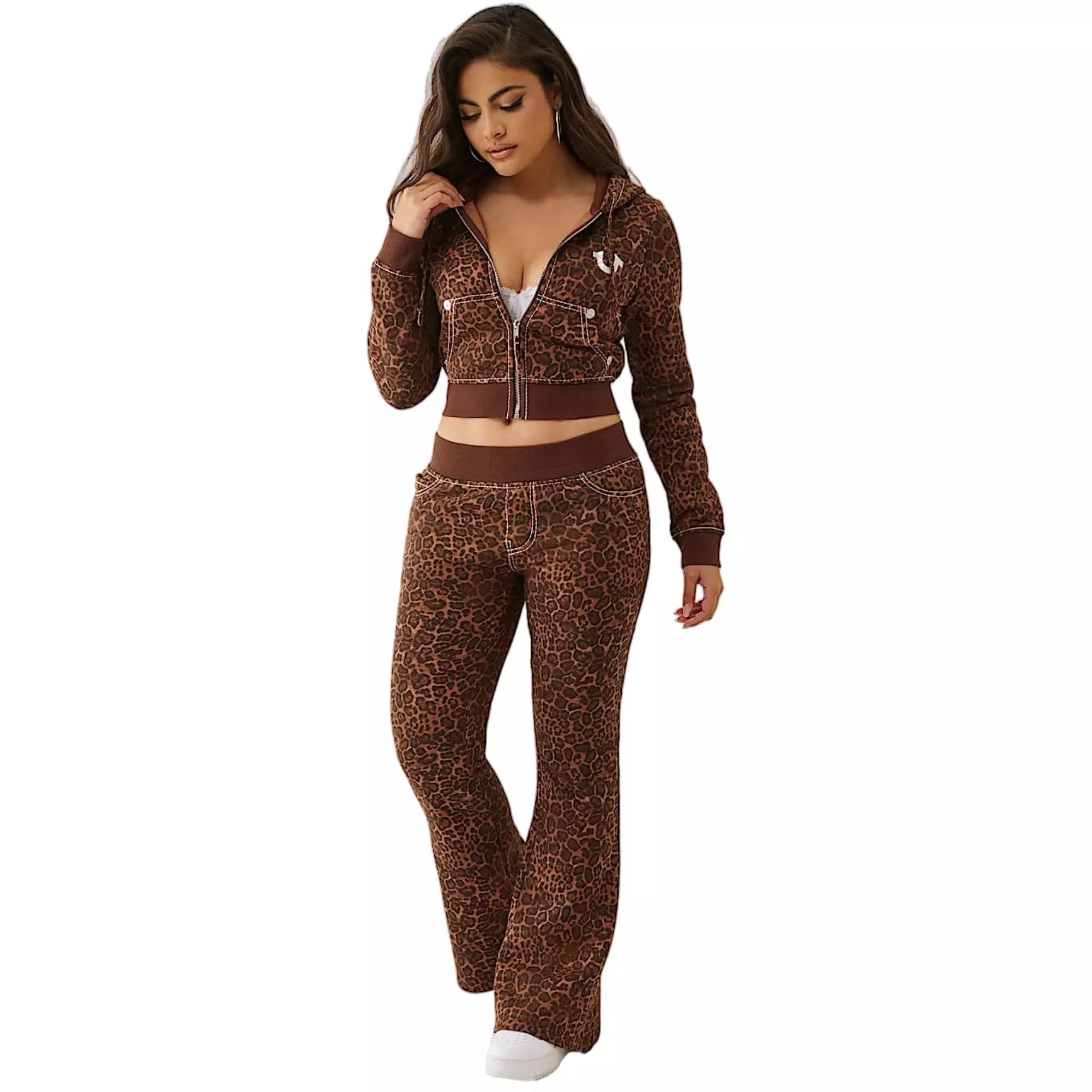 True Religion Women's "Leopard Print" Crystal Big T Full-Zip Fleece Jacket - BROWN