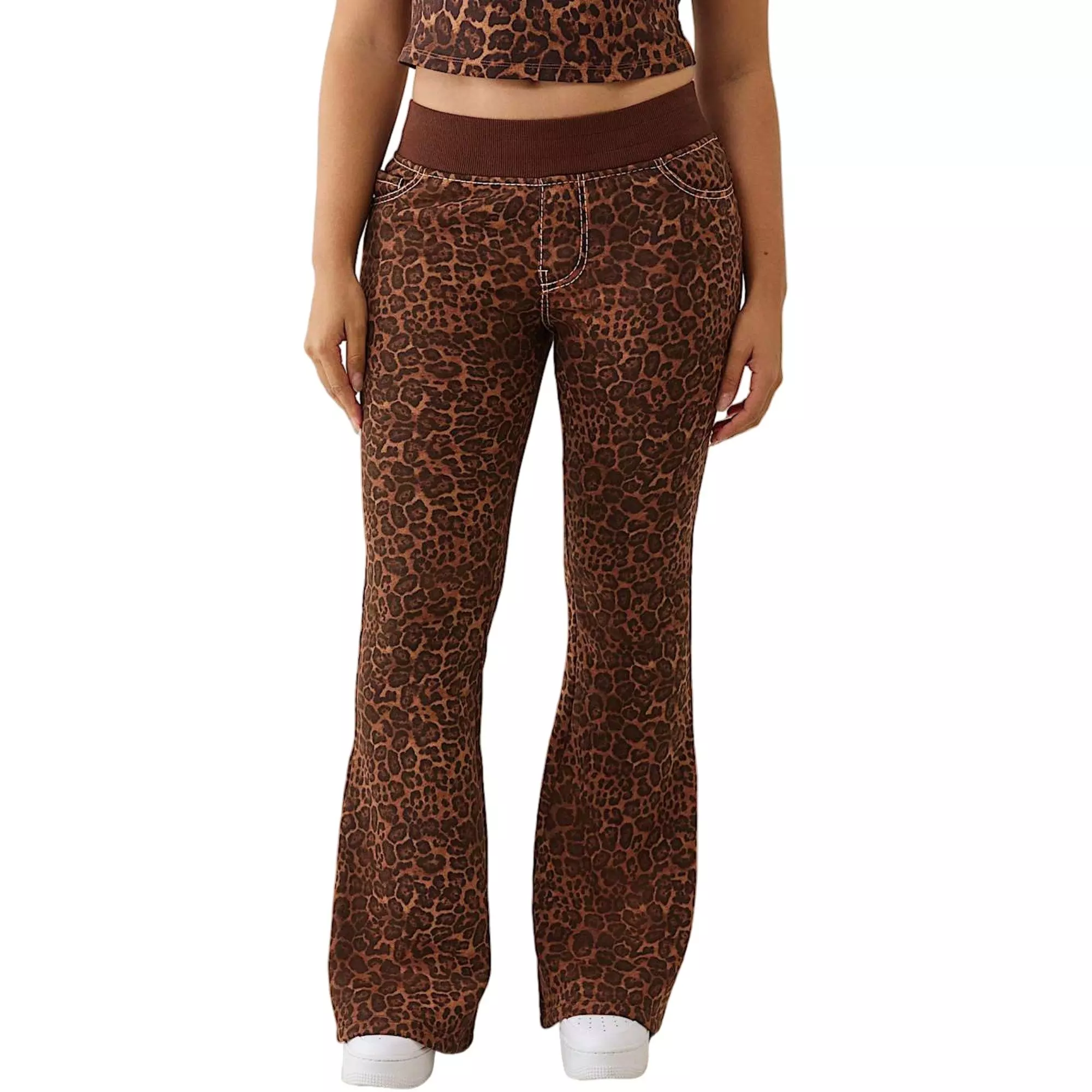 True Religion Women's Leopard Mid Rise Big T Flare Pants - BROWN