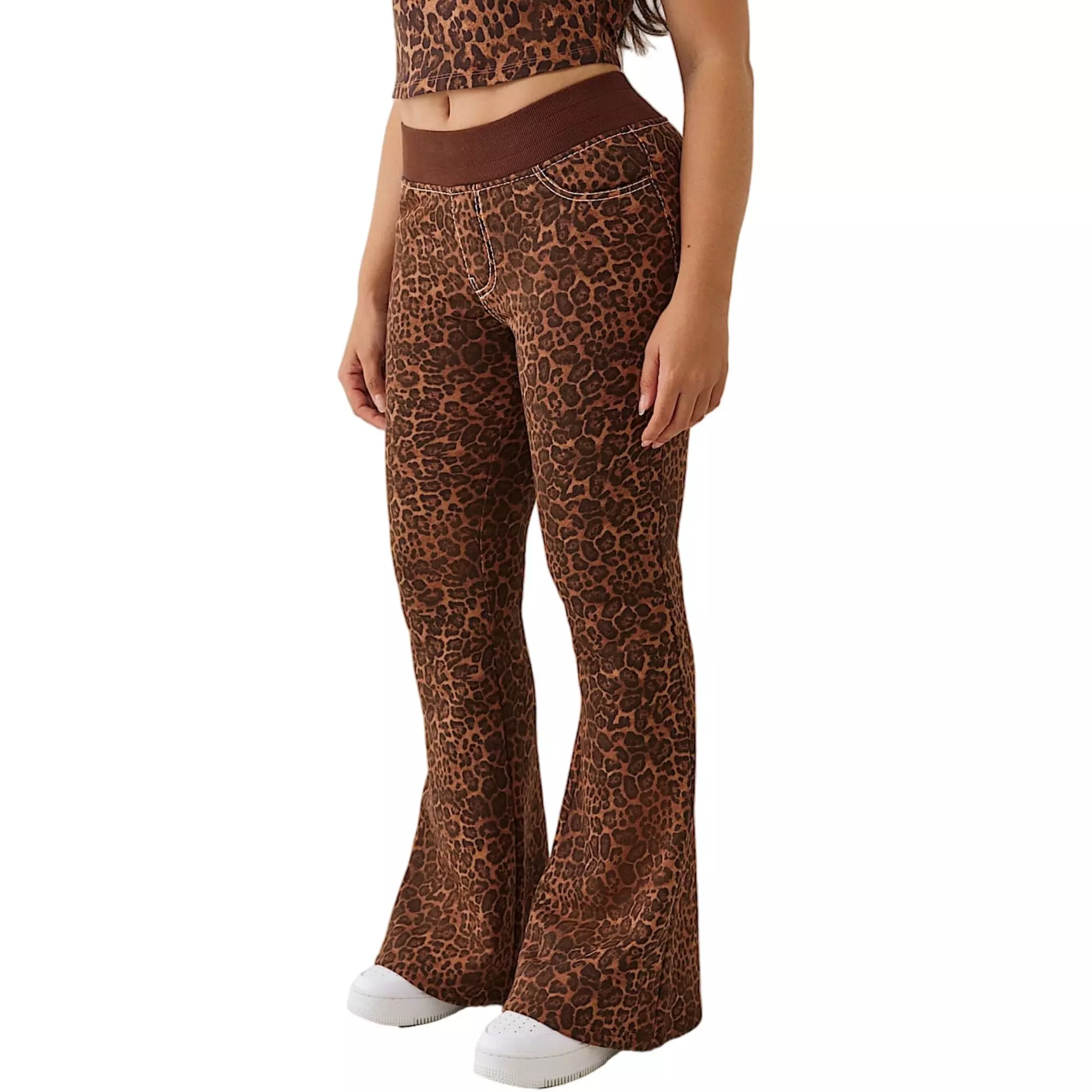 True Religion Women's "Leopard Print" Mid Rise Big T Flare Pants - BROWN