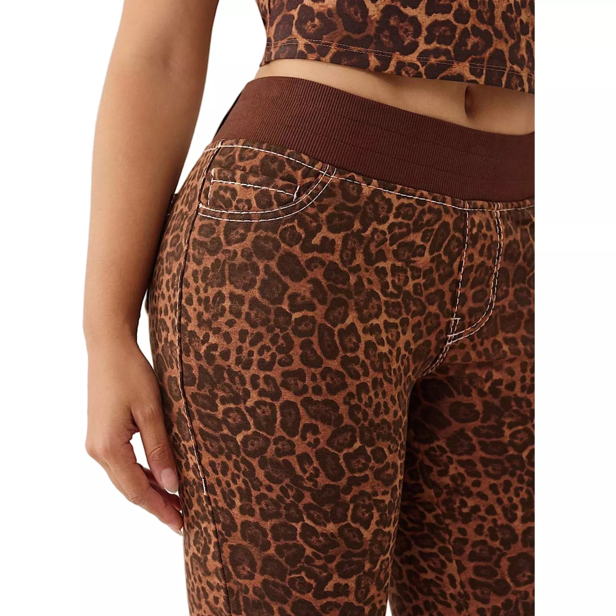 True Religion Women's "Leopard Print" Mid Rise Big T Flare Pants - BROWN