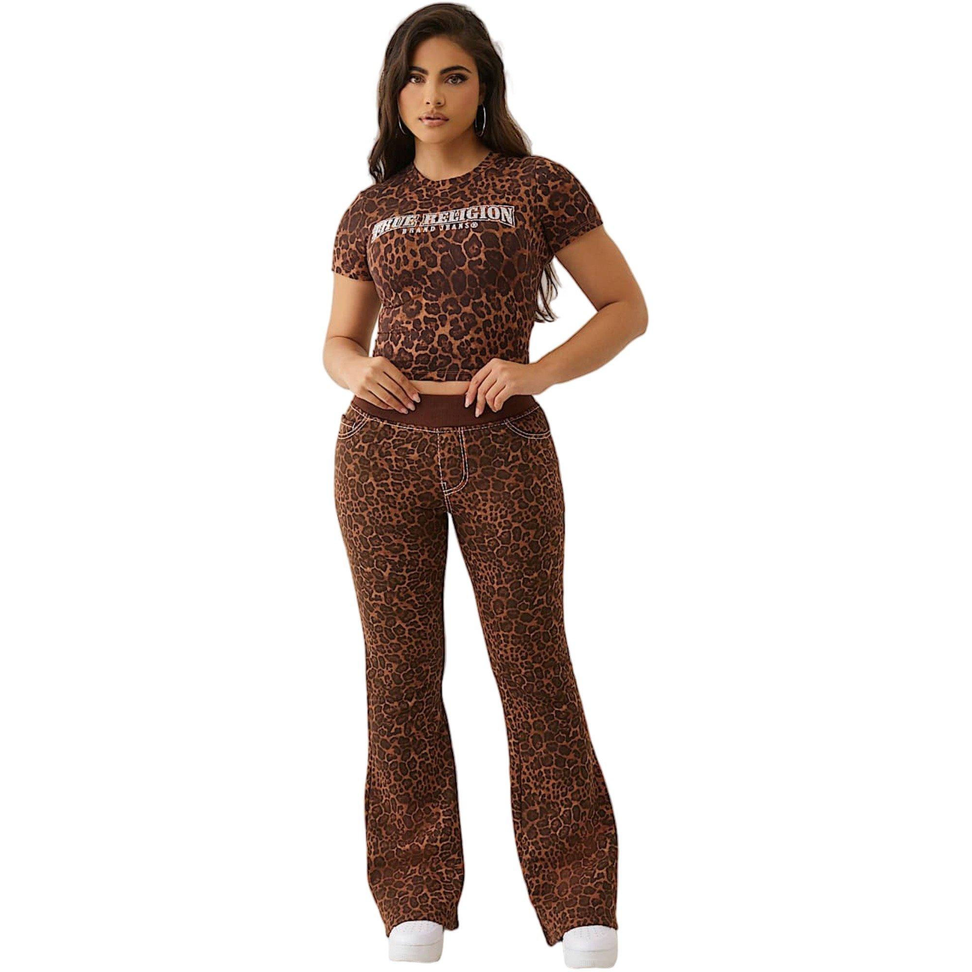 True Religion Women's "Leopard Print" Mid Rise Big T Flare Pants - BROWN Thumbnail View 6