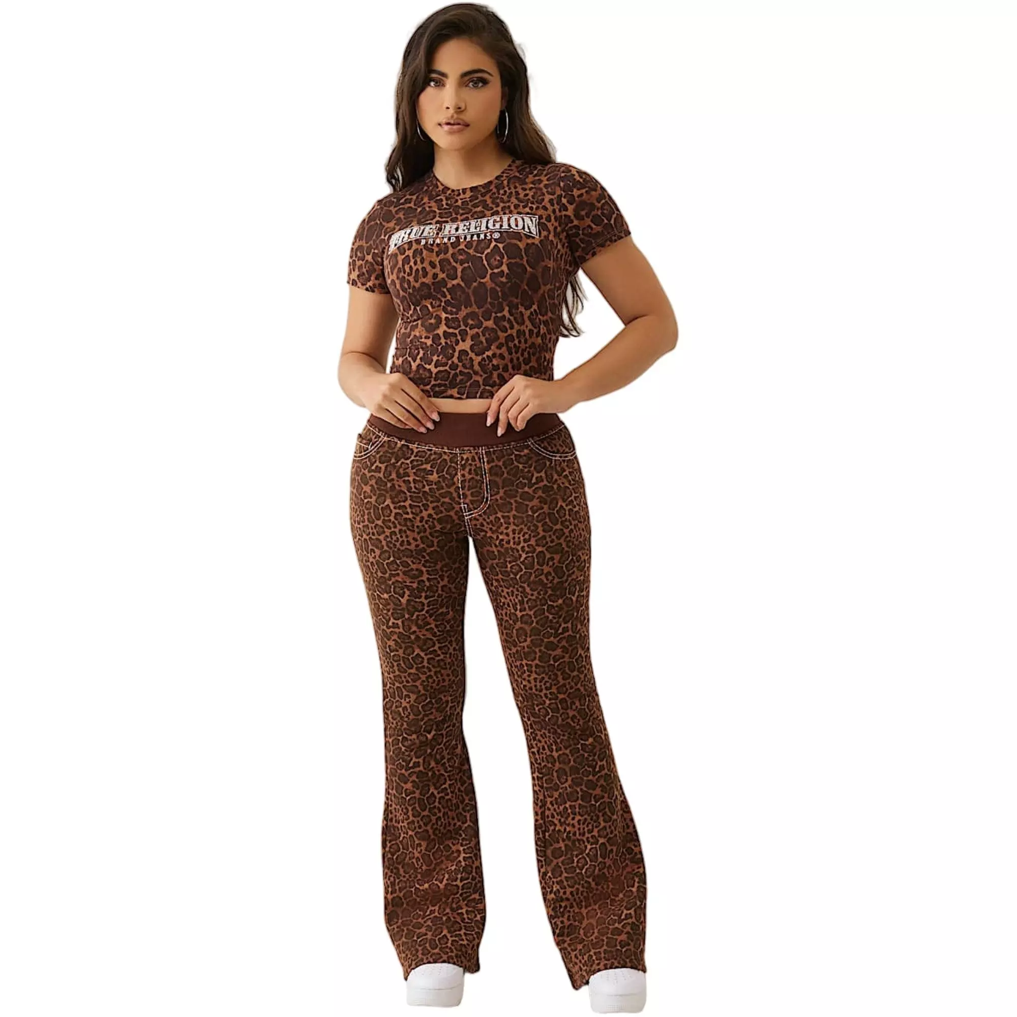True Religion Women's "Leopard Print" Mid Rise Big T Flare Pants - BROWN