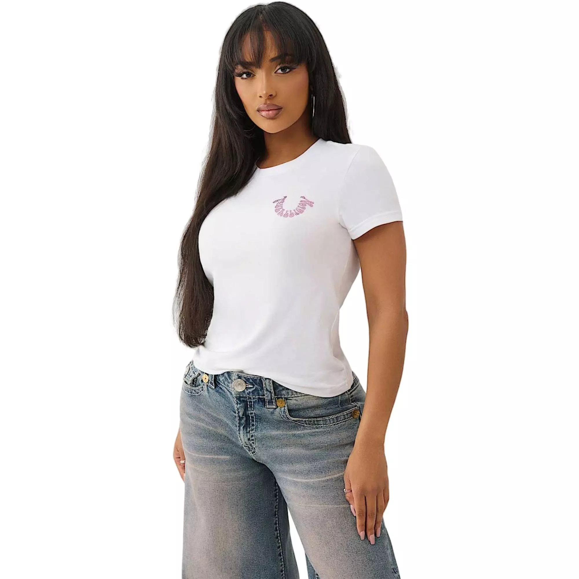 True Religion Women's Crystal Horseshoe Crew Tee - WHITE/PINK