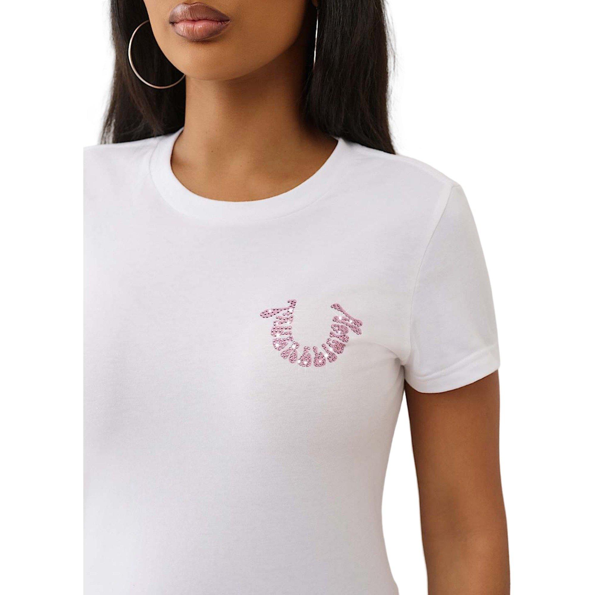 True Religion Women's Crystal Horseshoe Crew Tee - WHITE/PINK Thumbnail View 4