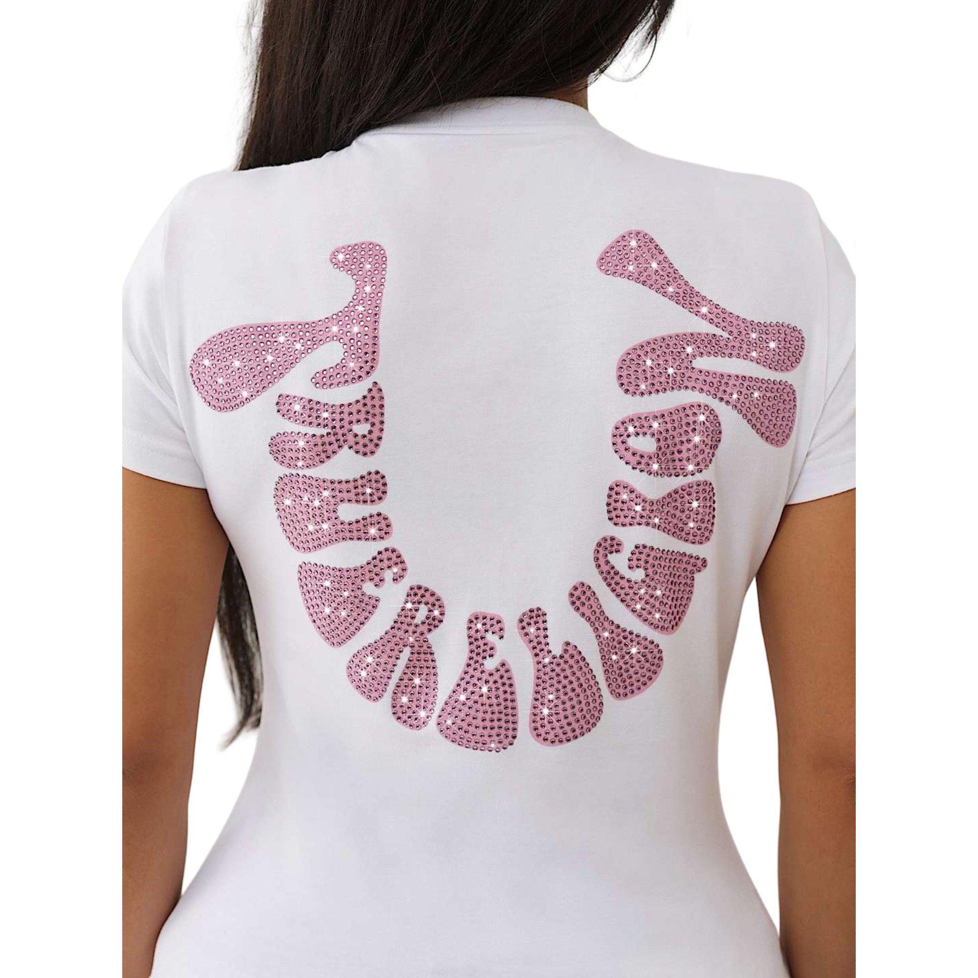 True Religion Women's Crystal Horseshoe Crew Tee - WHITE/PINK Thumbnail View 5