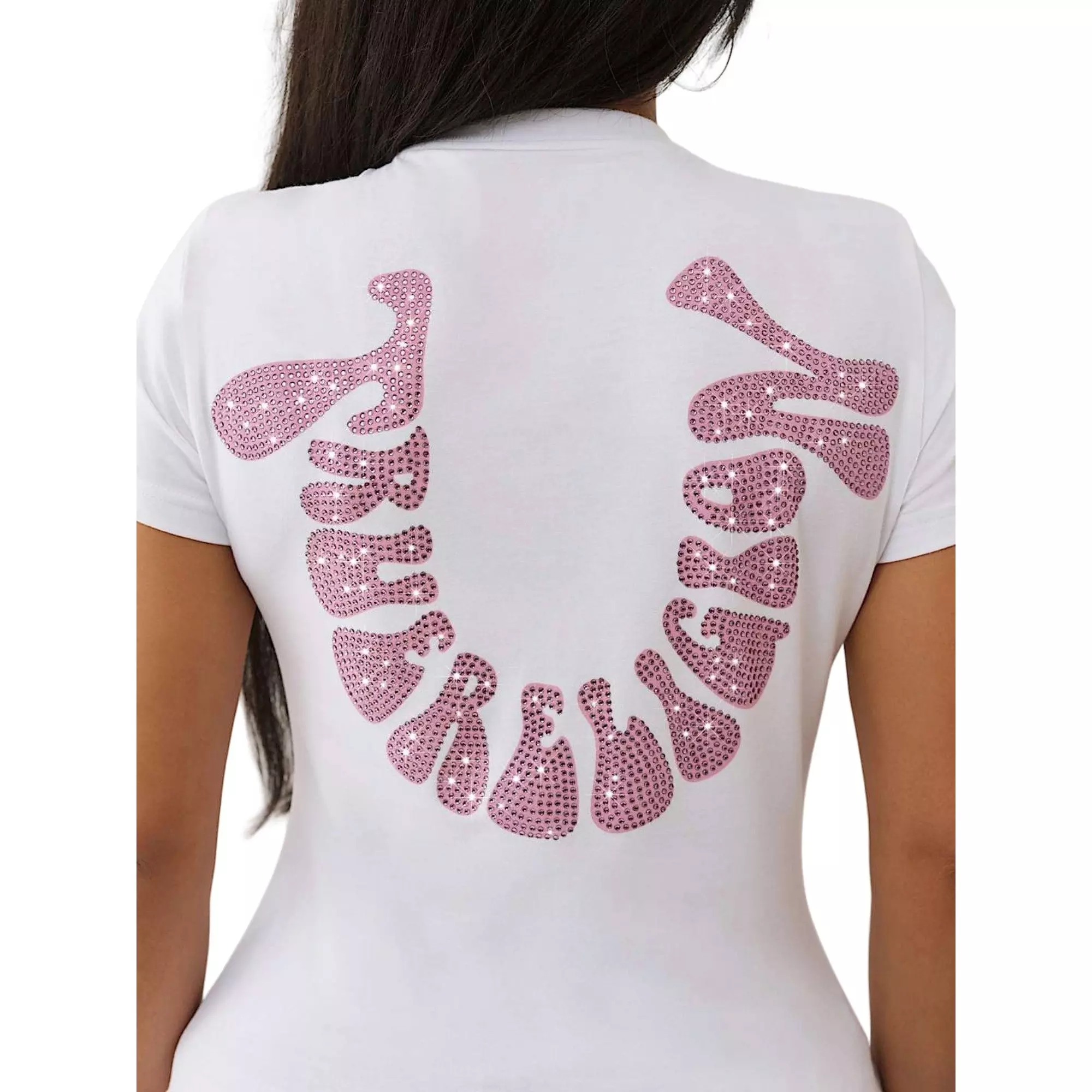 True Religion Women's Crystal Horseshoe Crew Tee - WHITE/PINK