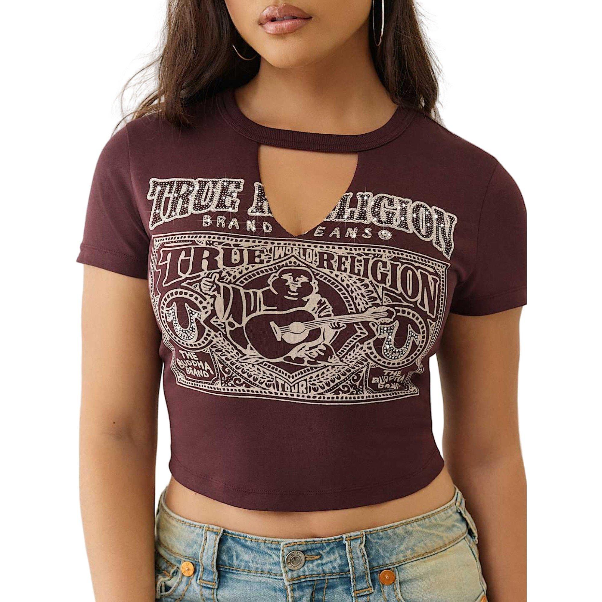 True Religion Women's Ty Buddha Key Hole Baby Tee - Fudge - BROWN Thumbnail View 3