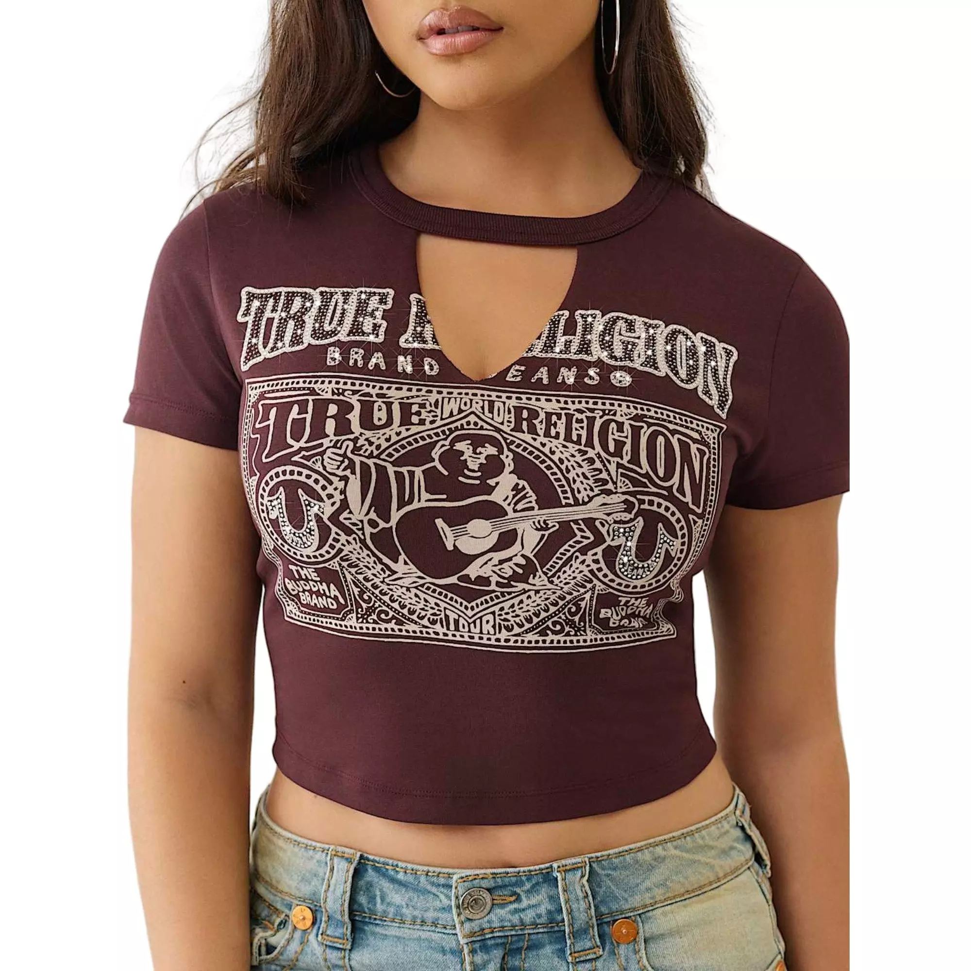 True Religion Women's Ty Buddha Key Hole Baby Tee - Fudge - BROWN