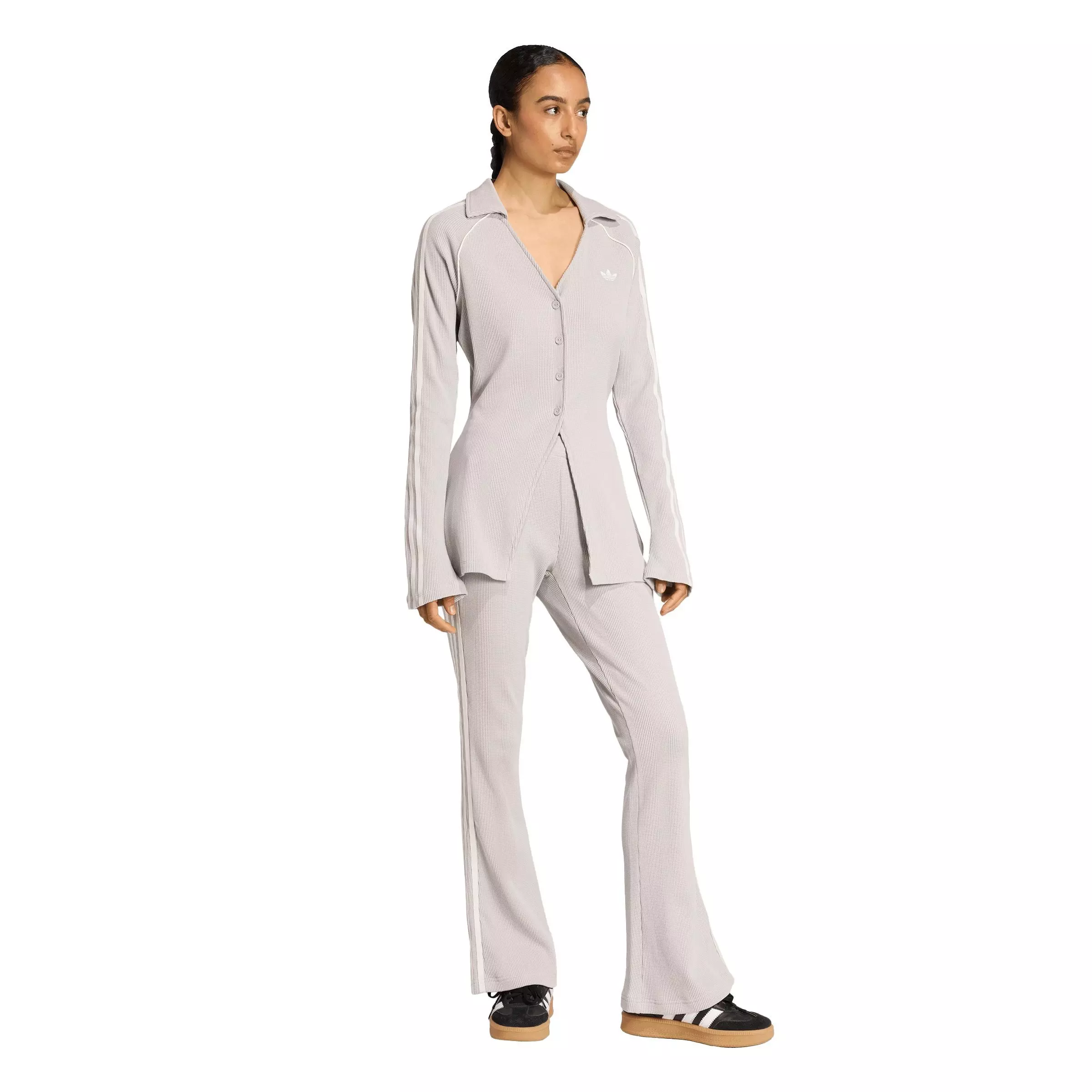 adidas Originals Women's Button-Down Waffle Long-Sleeve Top - GREY