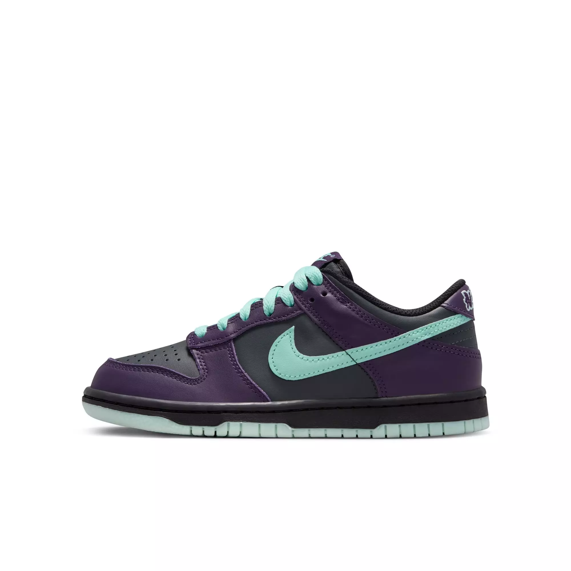 Nike Dunk Low "Dk Smoke Grey/Artisan Teal/Grand Purple" Grade School Boys' Shoe - PURPLE/BLACK