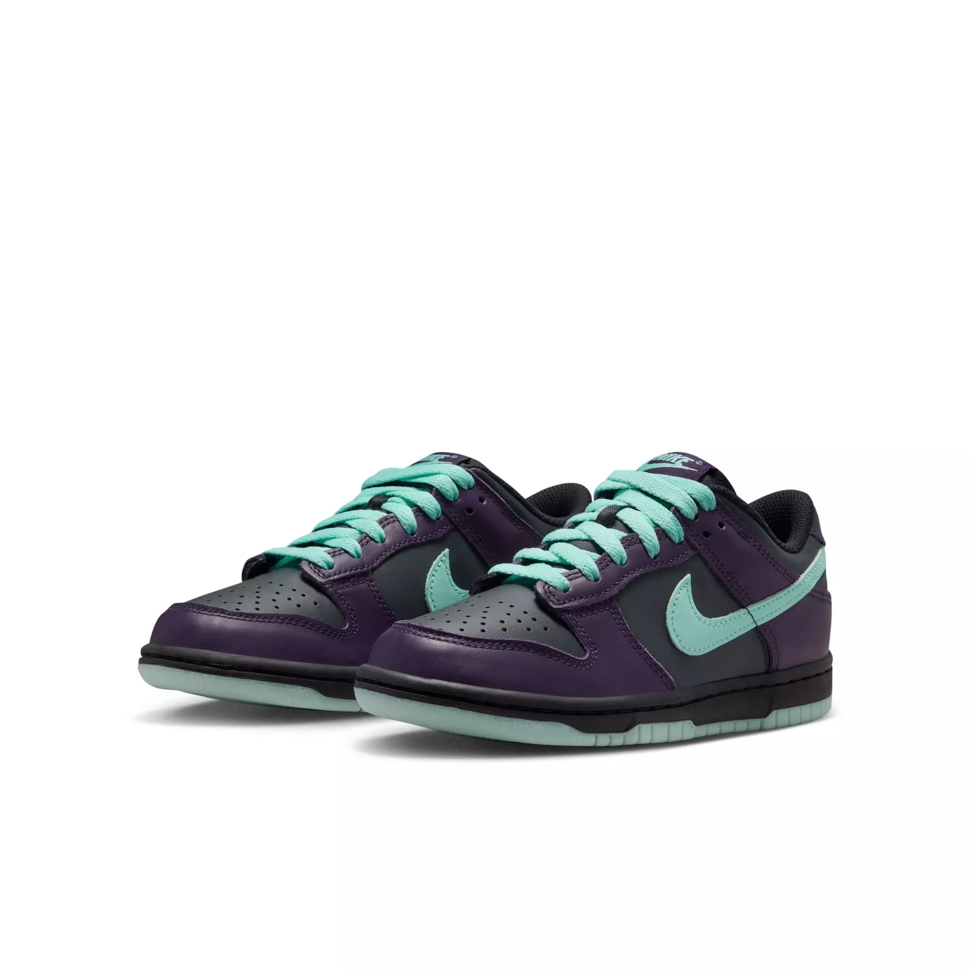 Nike Dunk Low "Dk Smoke Grey/Artisan Teal/Grand Purple" Grade School Boys' Shoe - PURPLE/BLACK