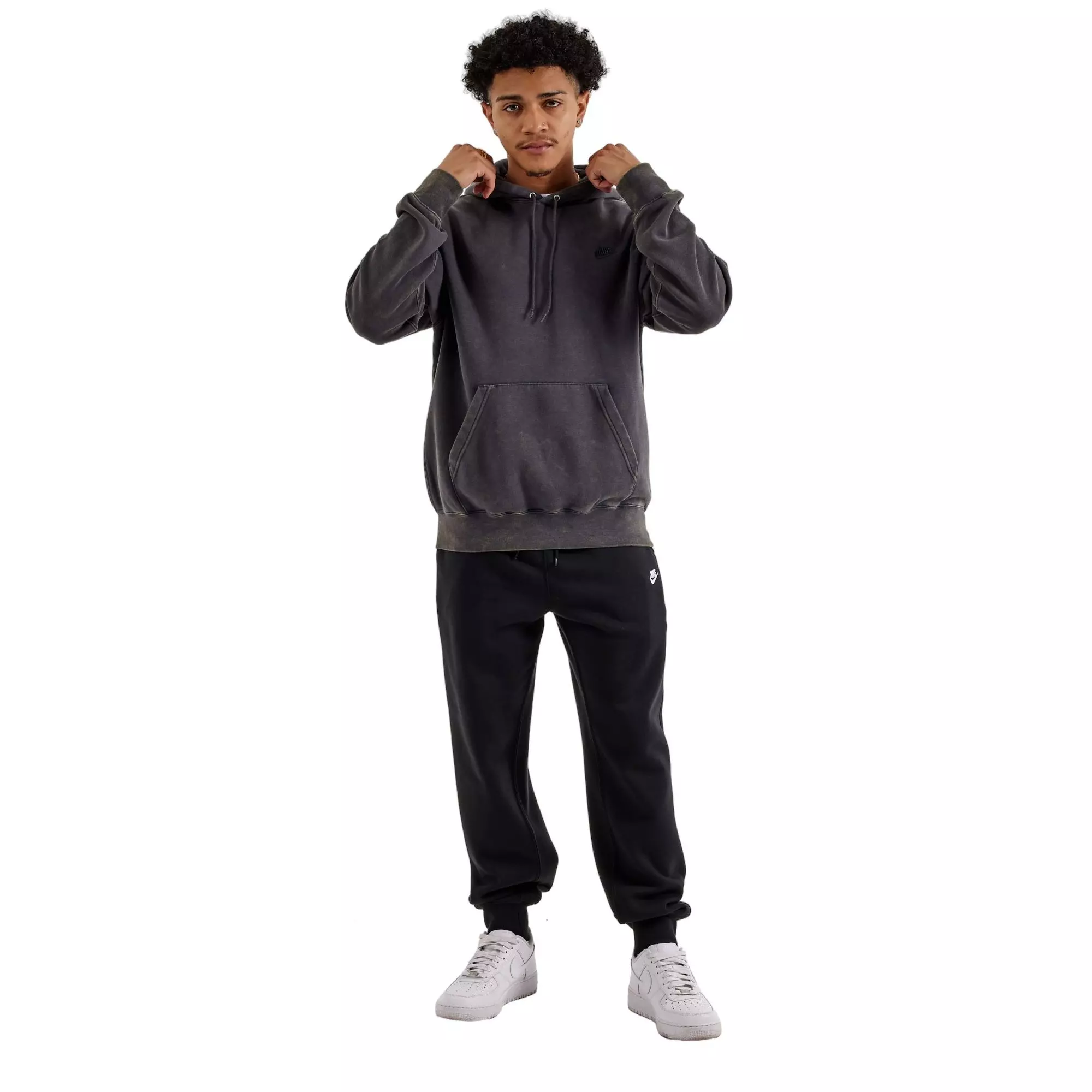 Nike Men's Sportswear Club Washed Fleece Hoodie-Dark Grey - DARK GREY