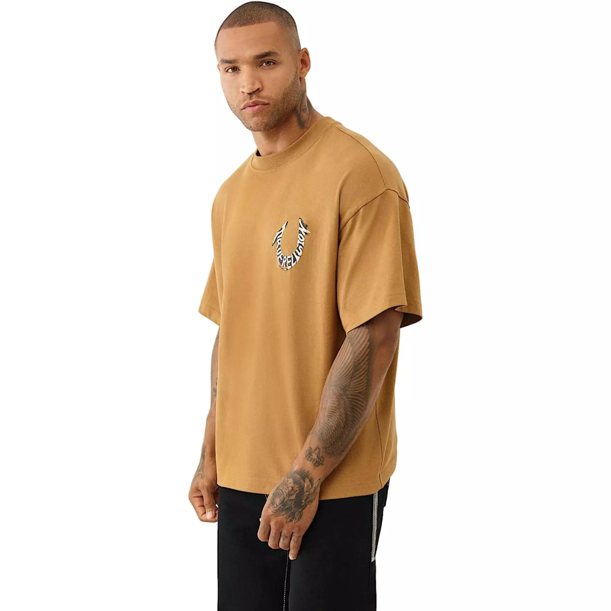 True Religion Men's Painted Puff Print Horseshoe Oversized Tee - WHEAT