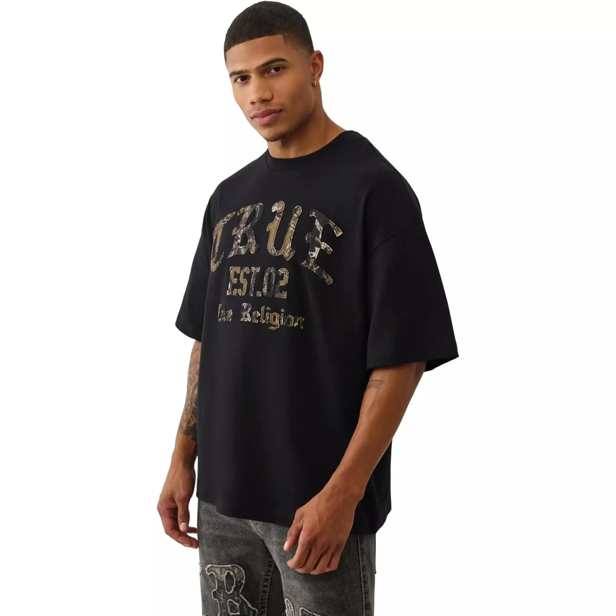 True Religion Men's Forest Camo Oversized Tee - BLACK